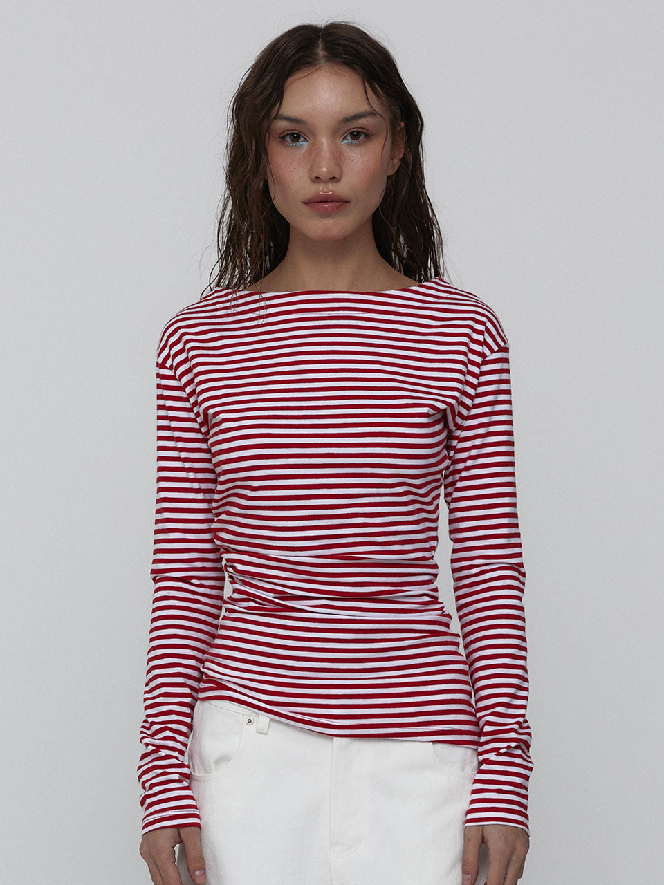 SIDE SHIRRING STRIPE TOP_RED