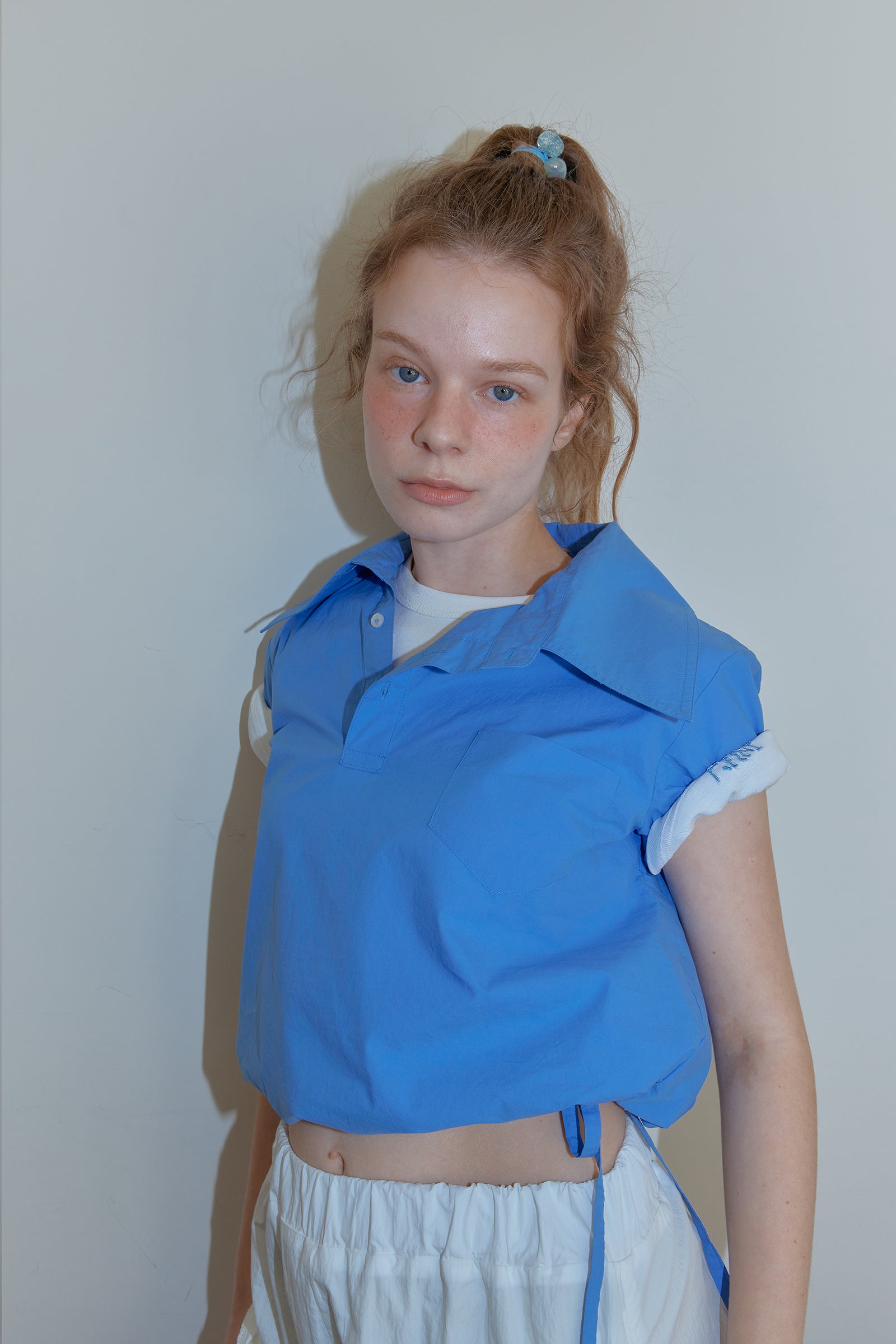 25SS ASYMMETRY COLLAR POLO CROP SHIRT_BLUE