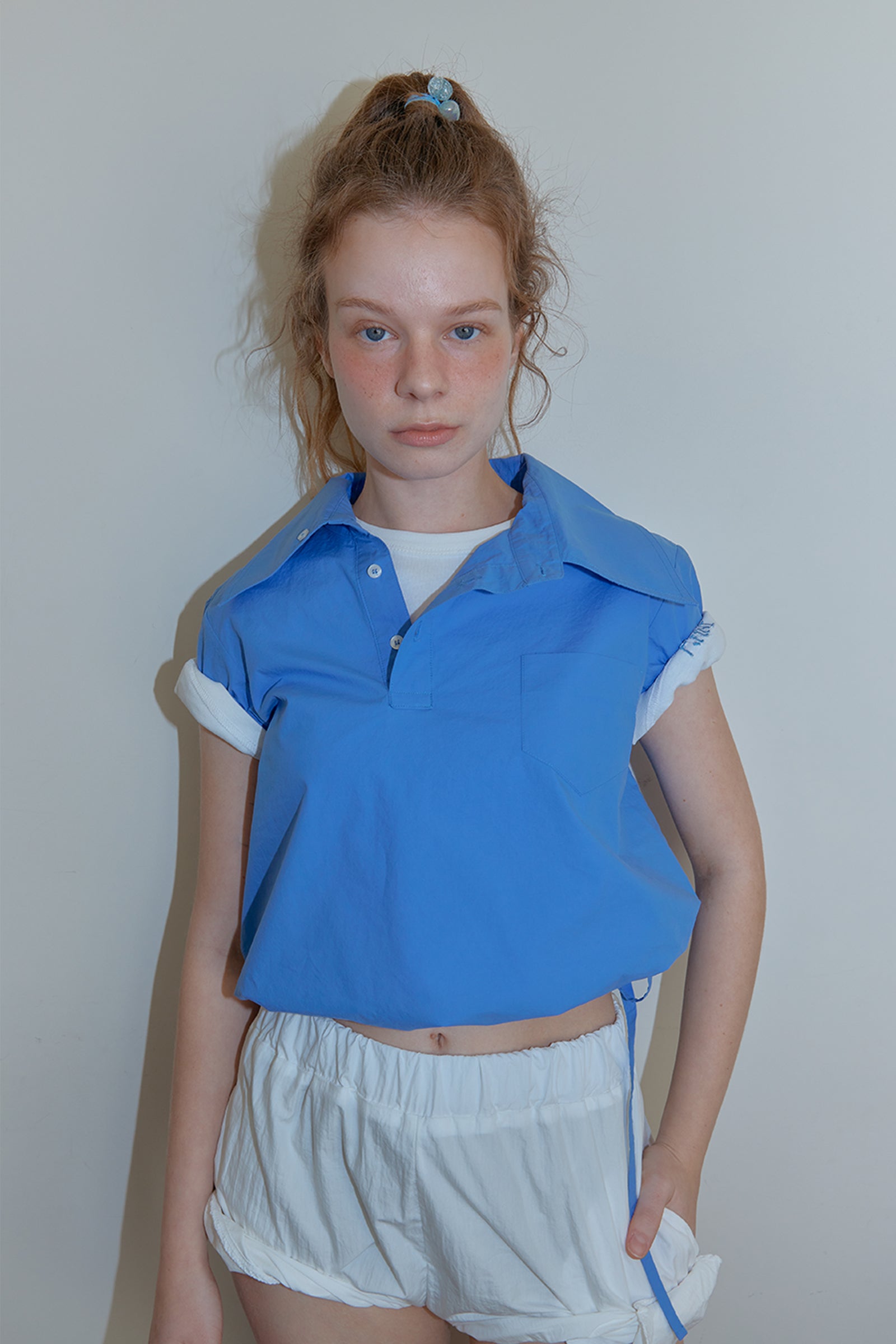25SS ASYMMETRY COLLAR POLO CROP SHIRT_BLUE