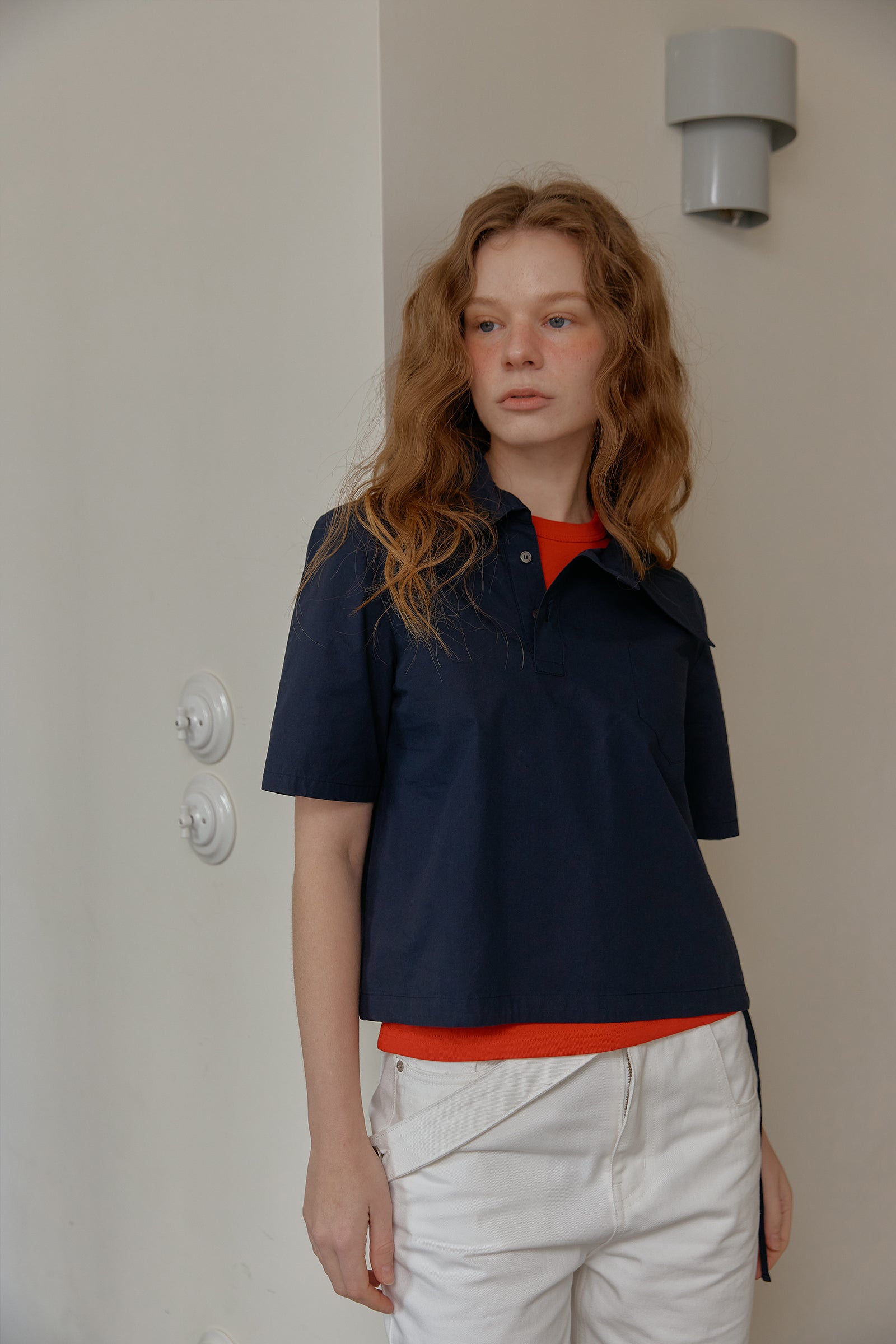 ASYMMETRY COLLAR POLO CROP SHIRT_BLEU MARINE