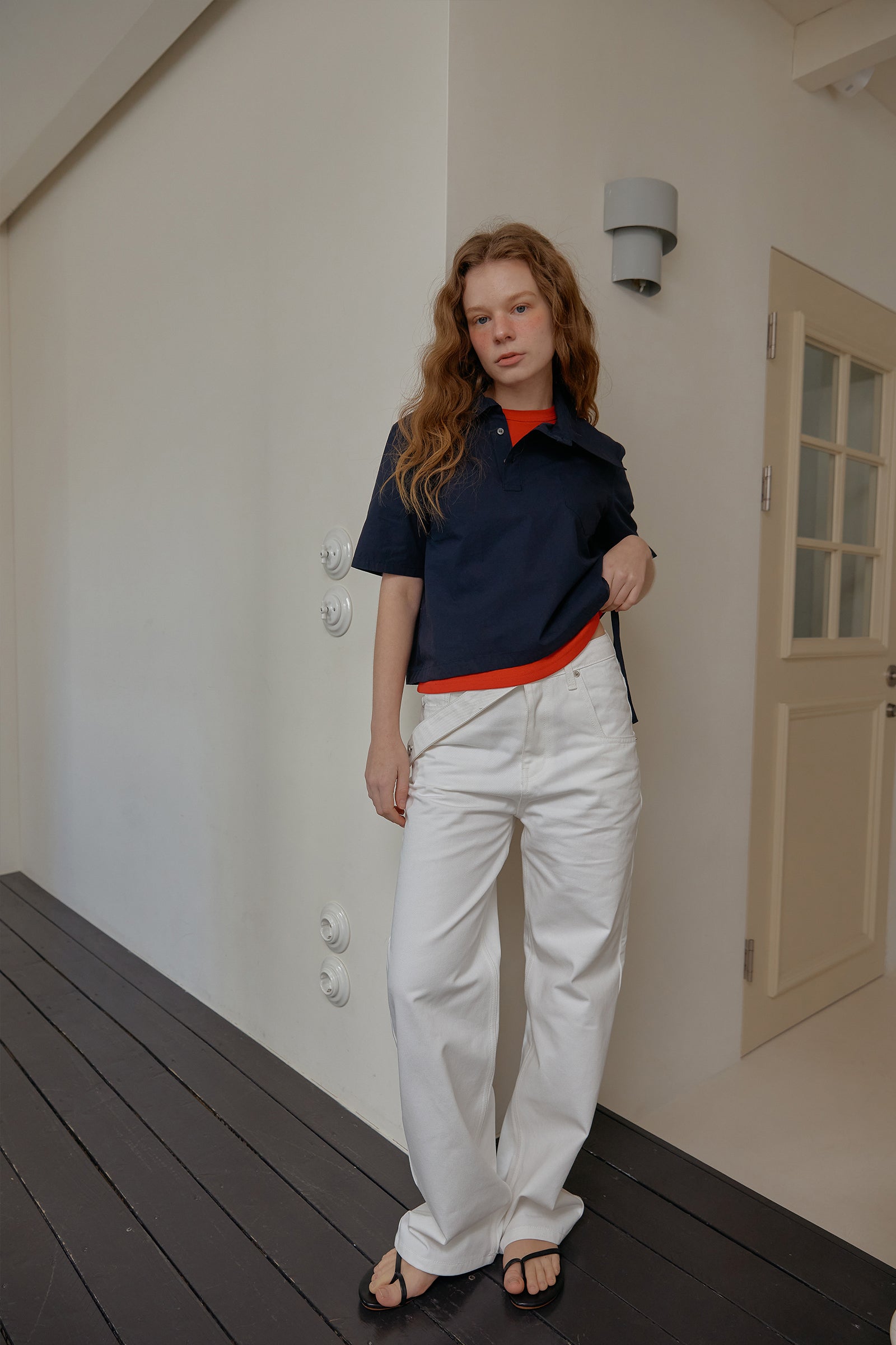 ASYMMETRY COLLAR POLO CROP SHIRT_BLEU MARINE