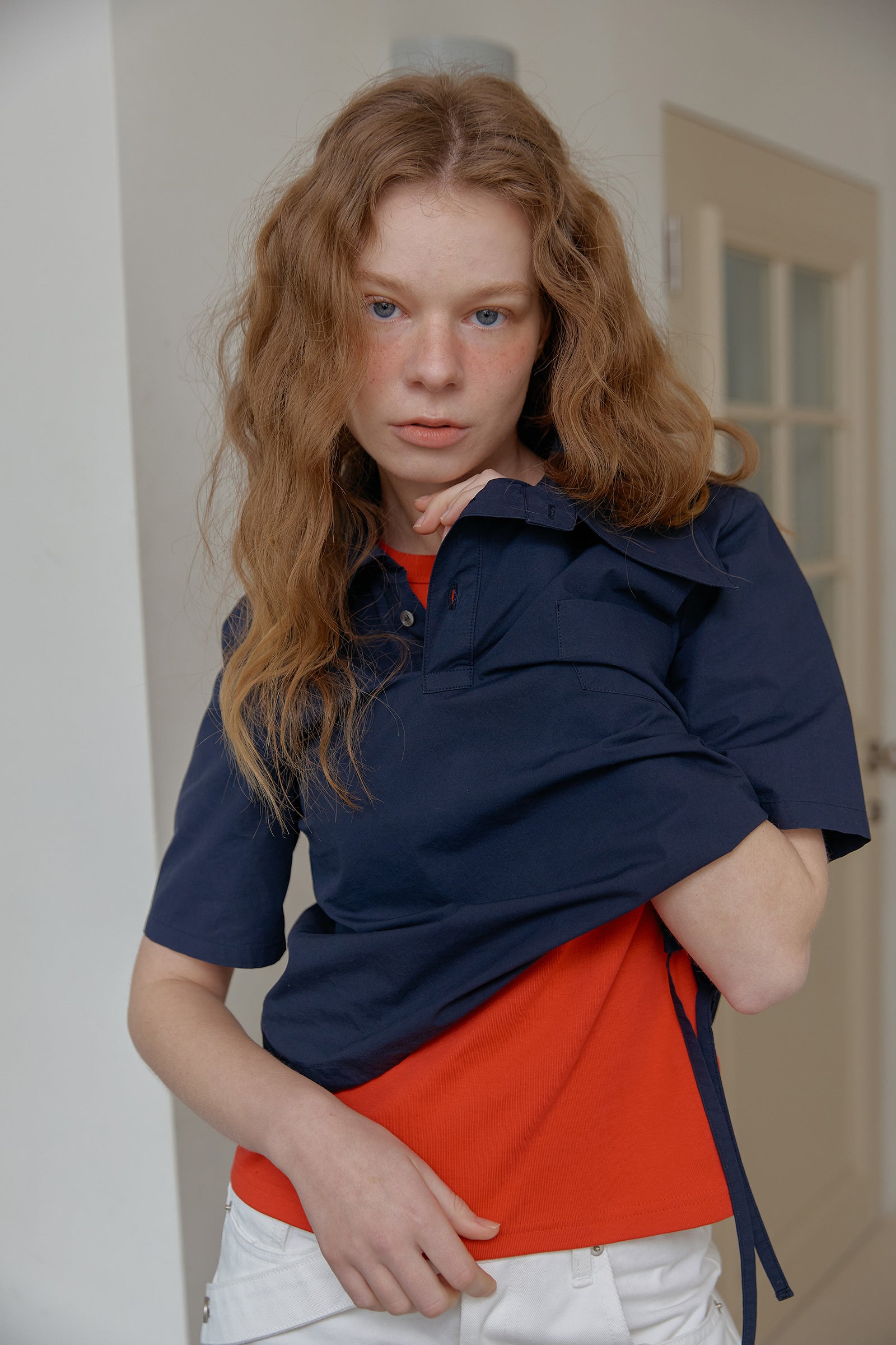 ASYMMETRY COLLAR POLO CROP SHIRT_BLEU MARINE