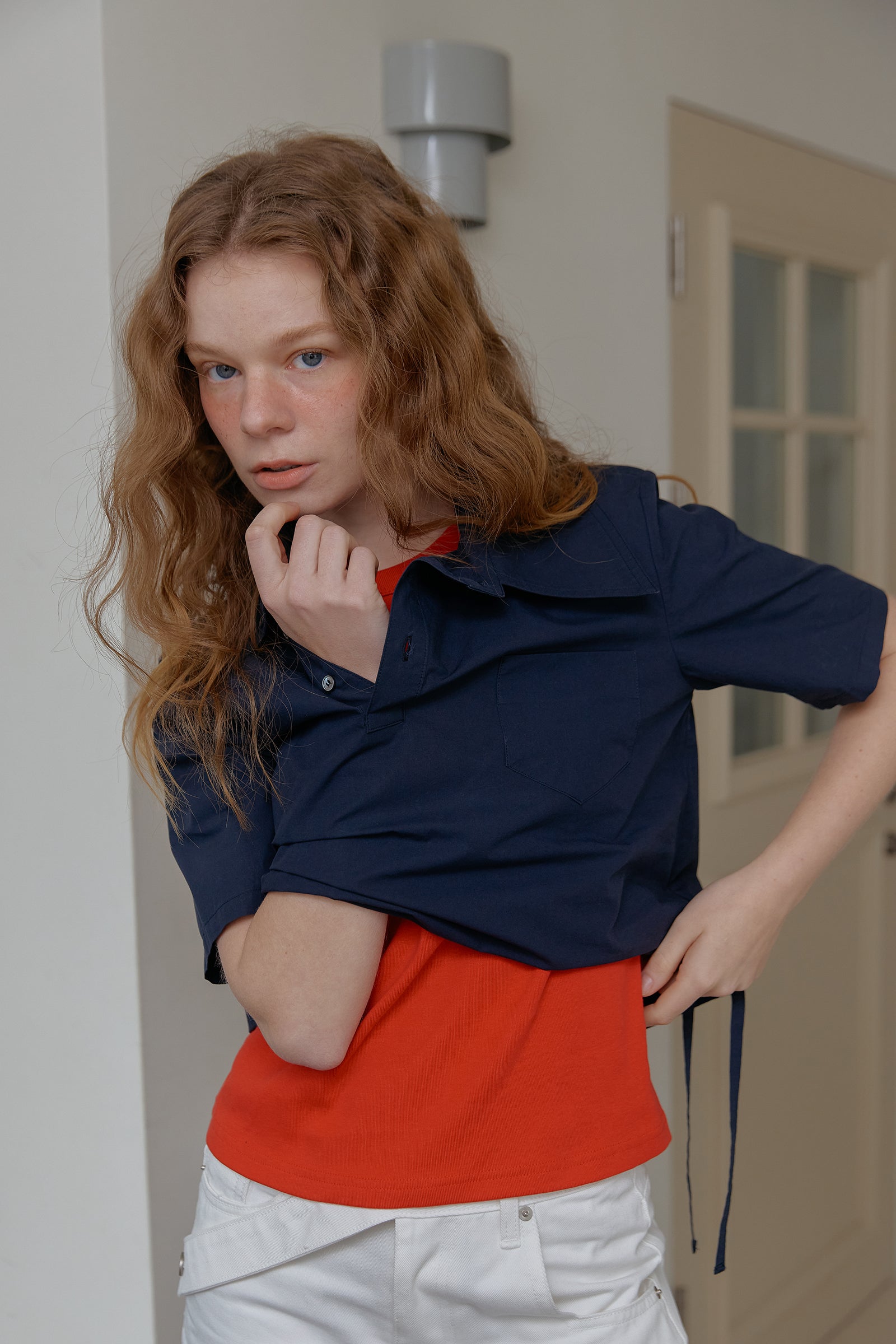 ASYMMETRY COLLAR POLO CROP SHIRT_BLEU MARINE