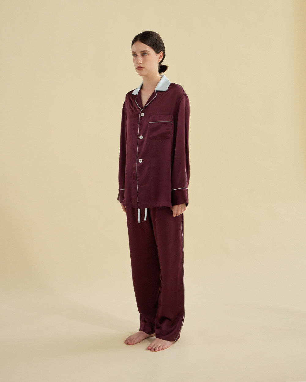 WINE VELVET SILK PAJAMA_BURGUNDY