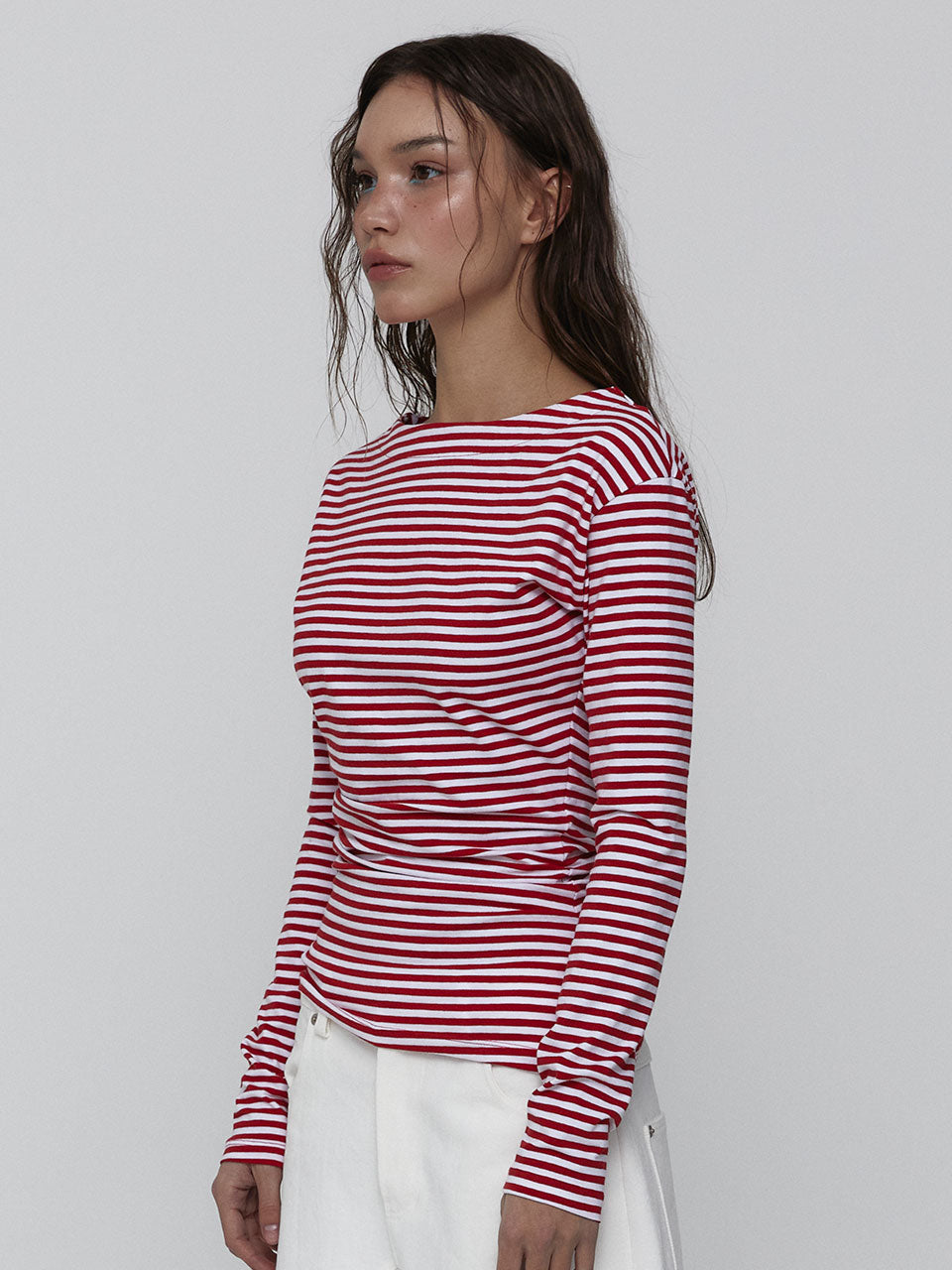 SIDE SHIRRING STRIPE TOP_RED