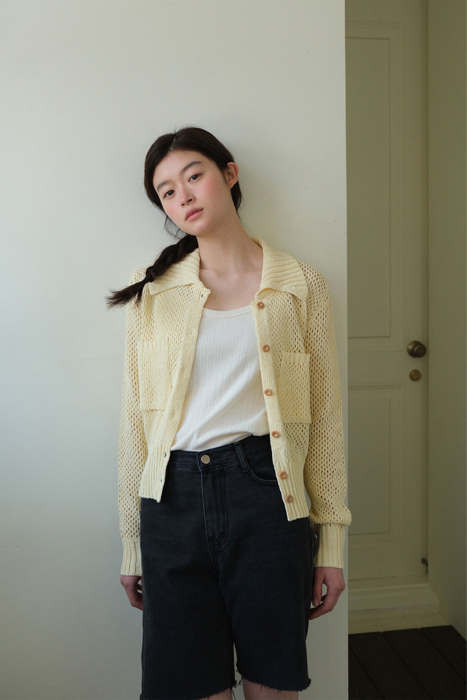 CARDIGAN AJOURÉ AVEC COL ET POCHES MOUI_JAUNE