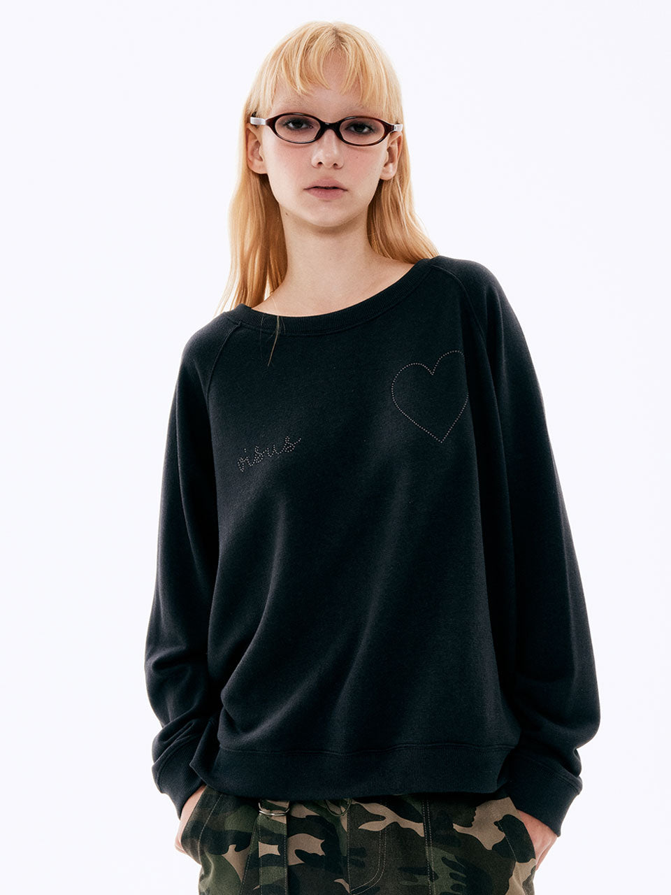 SWEATSHIRT À CŒUR PERLÉ_BLEU MARINE