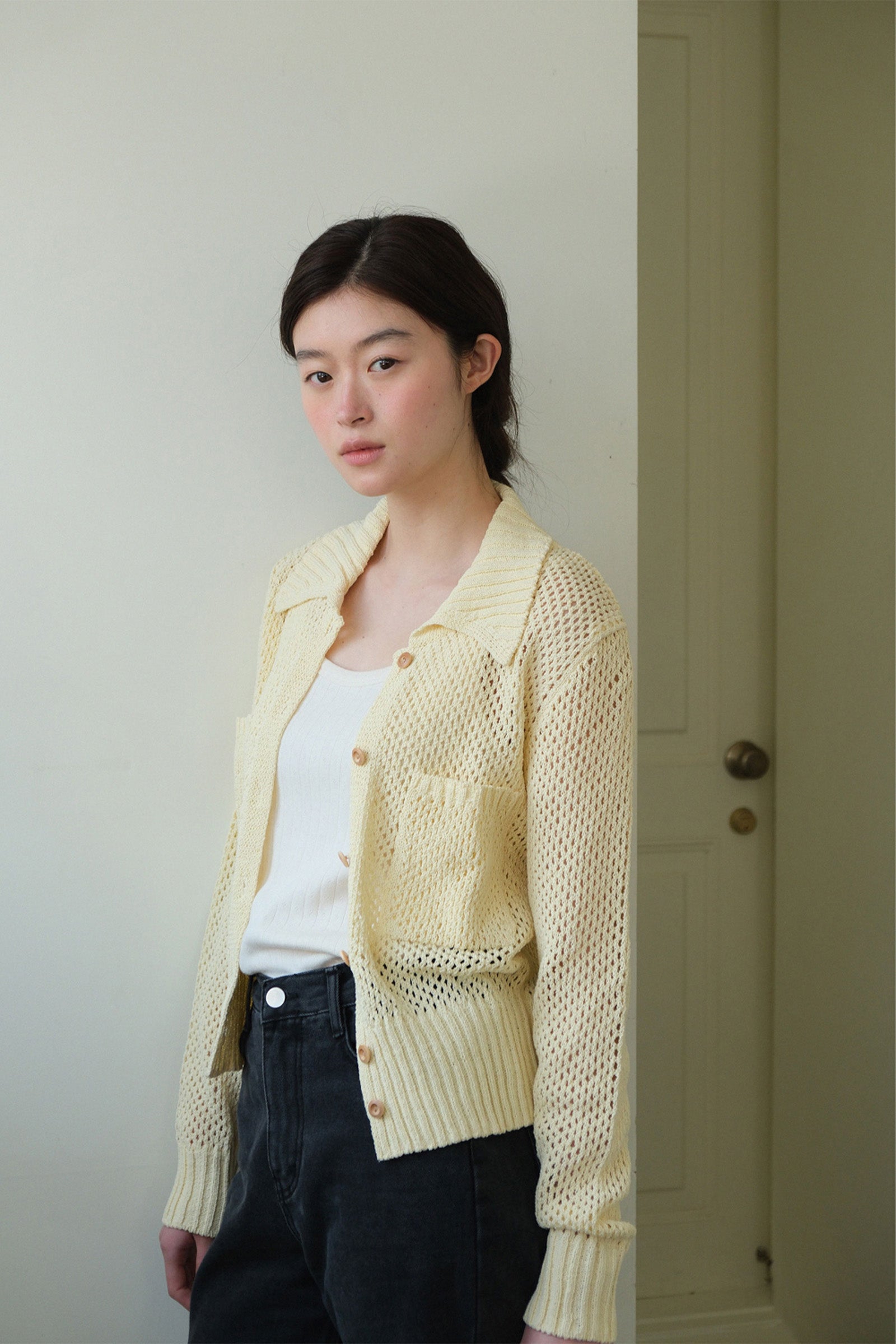 CARDIGAN AJOURÉ AVEC COL ET POCHES MOUI_JAUNE