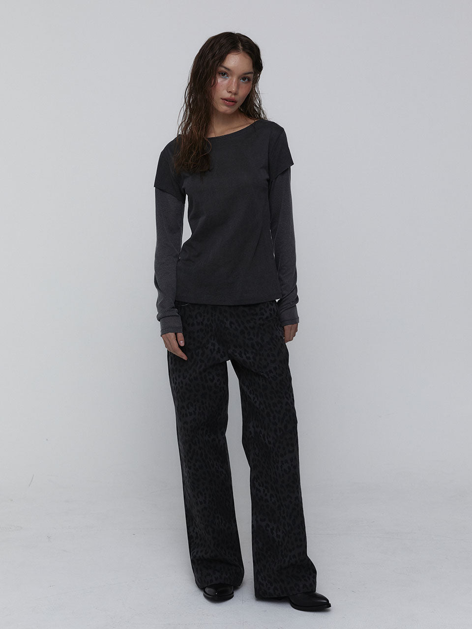 LAYERED LONG SLEEVE TOP_CHARCOAL