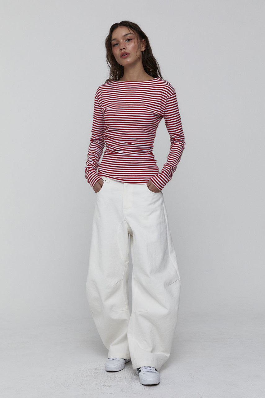 SIDE SHIRRING STRIPE TOP_RED