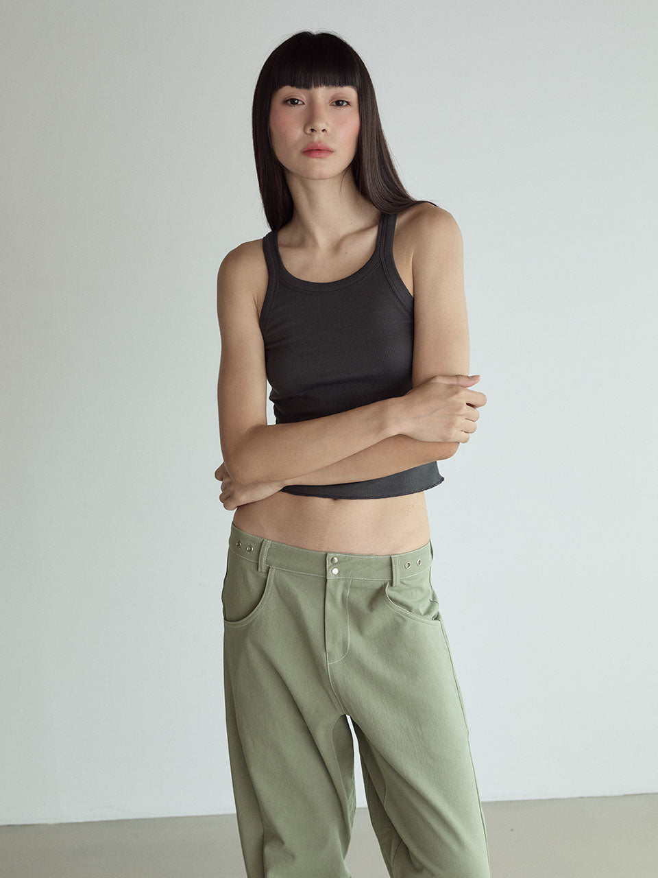 STITCH LOWRISE COTTON PANTS_GREEN