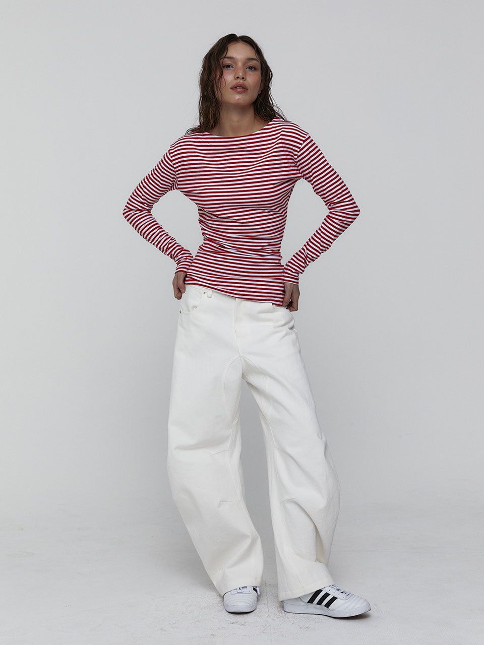 SIDE SHIRRING STRIPE TOP_RED