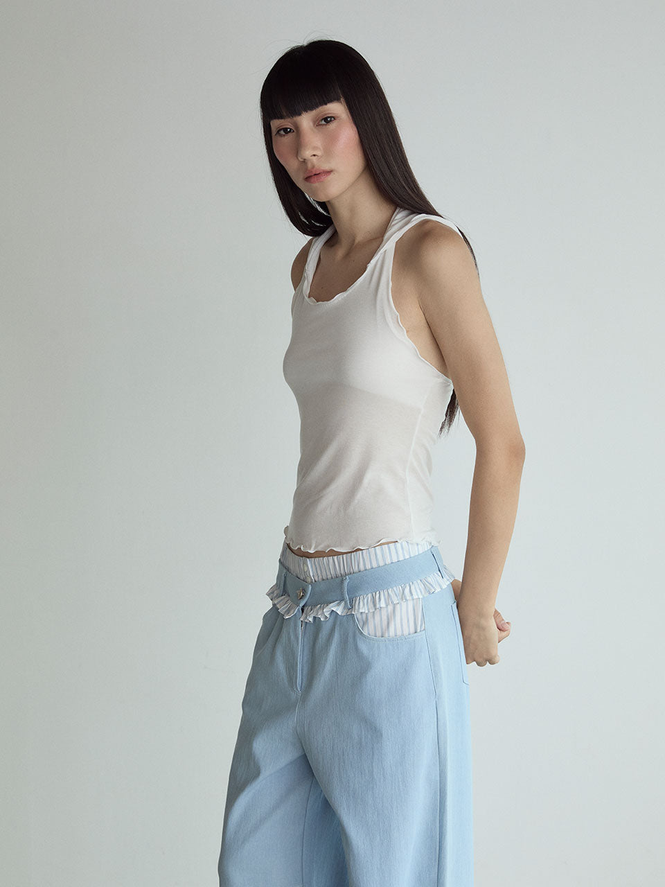 FRILL BLOCK PANTS_BLEU CLAIR
