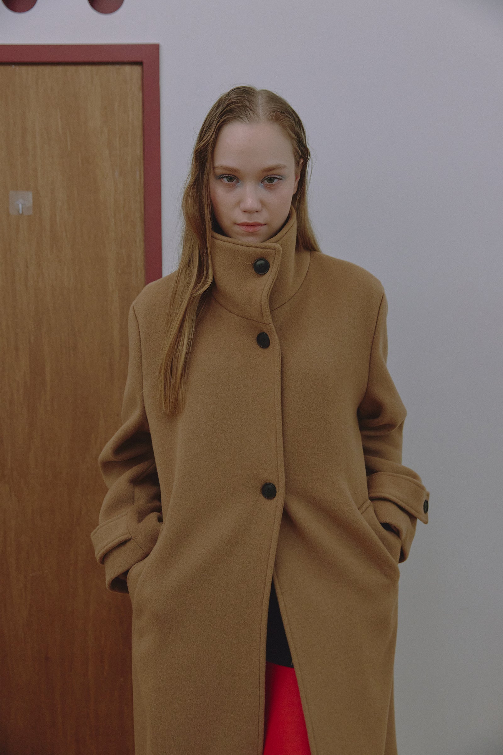 MANTEAU CLASSIQUE À COL MONTANT EN CACHEMIRE MÉLANGÉ_CAMEL