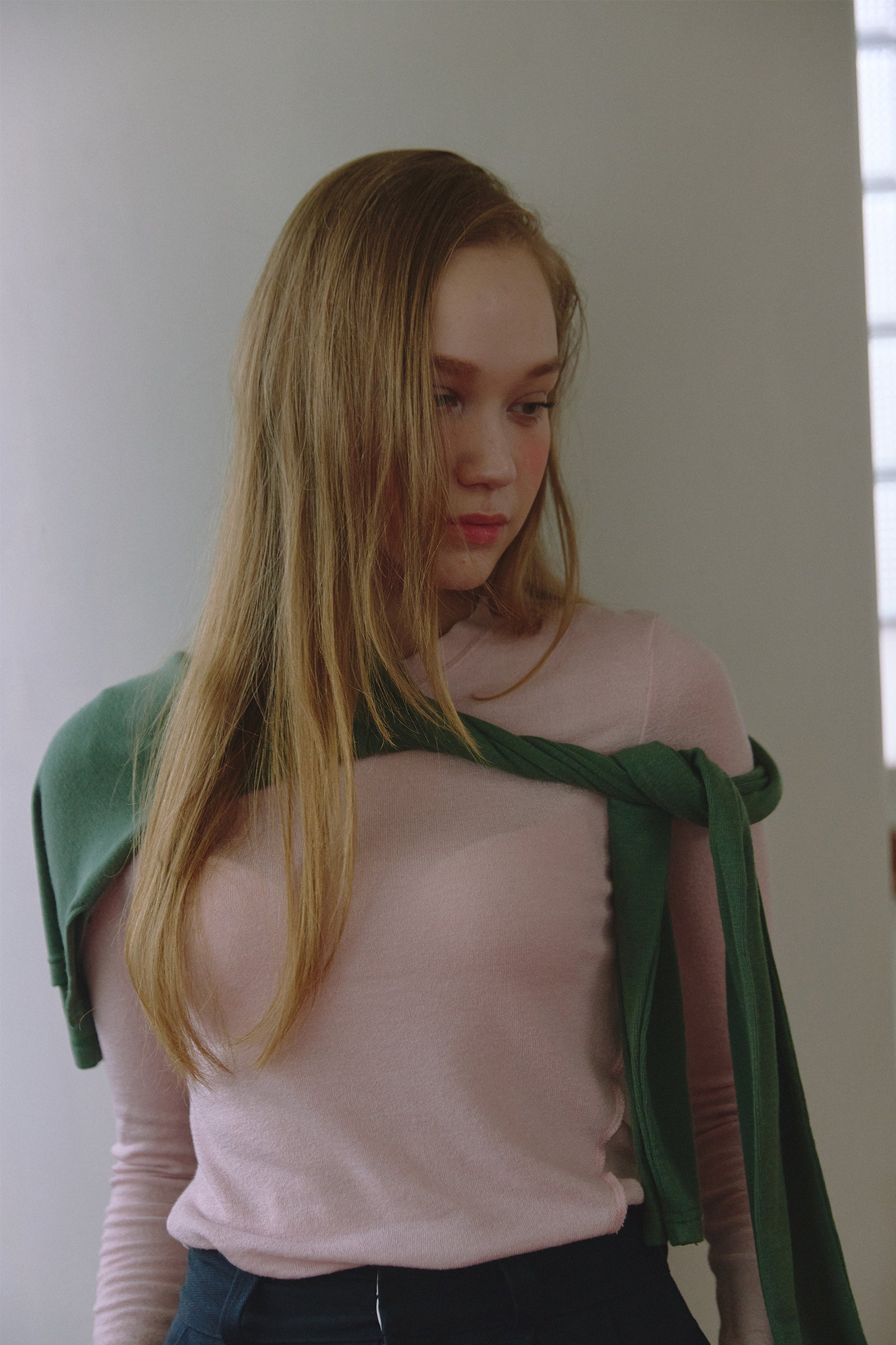 HAUT MANCHES LONGUES À SURPIQÛRES EN LAINE MÉLANGÉE_ROSE