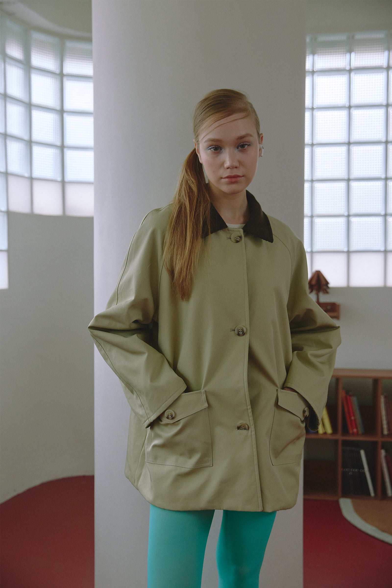 MANTEAU MI-LONG RÉVERSIBLE EN LAINE ET COTON_VERT
