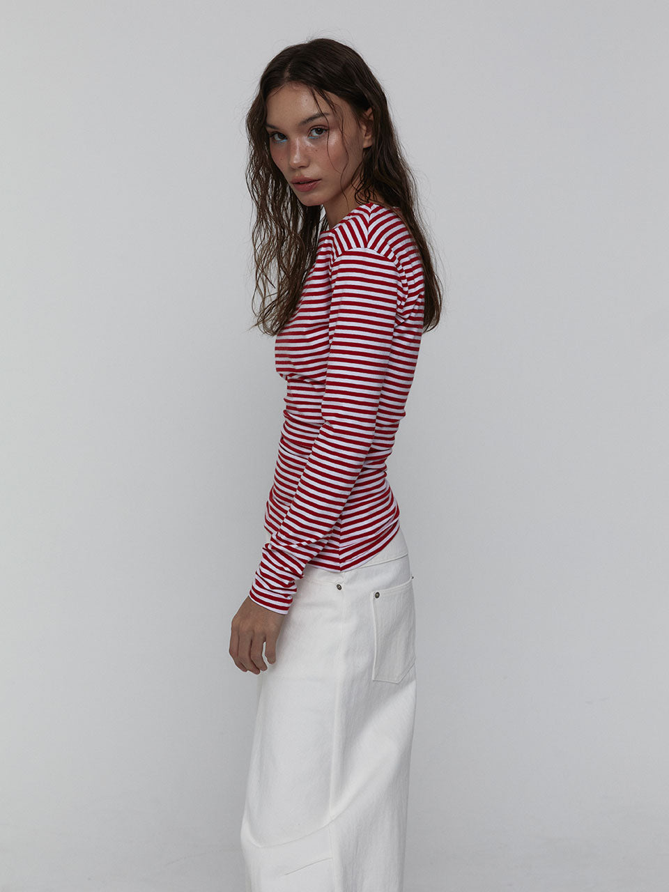 SIDE SHIRRING STRIPE TOP_RED