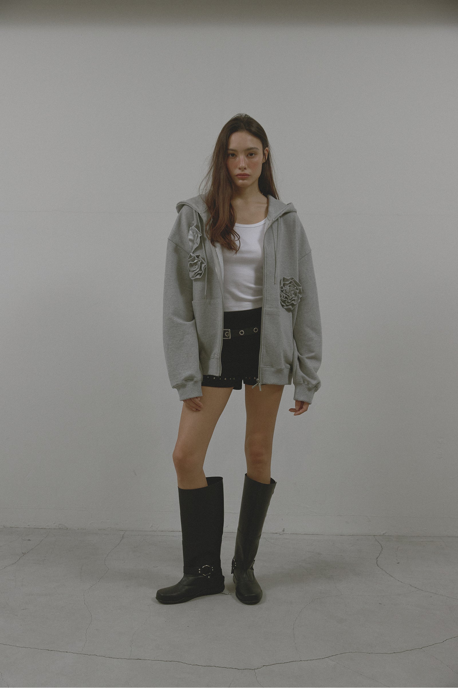 FLOWER HOOD ZIP UP_MELANGE GRAY