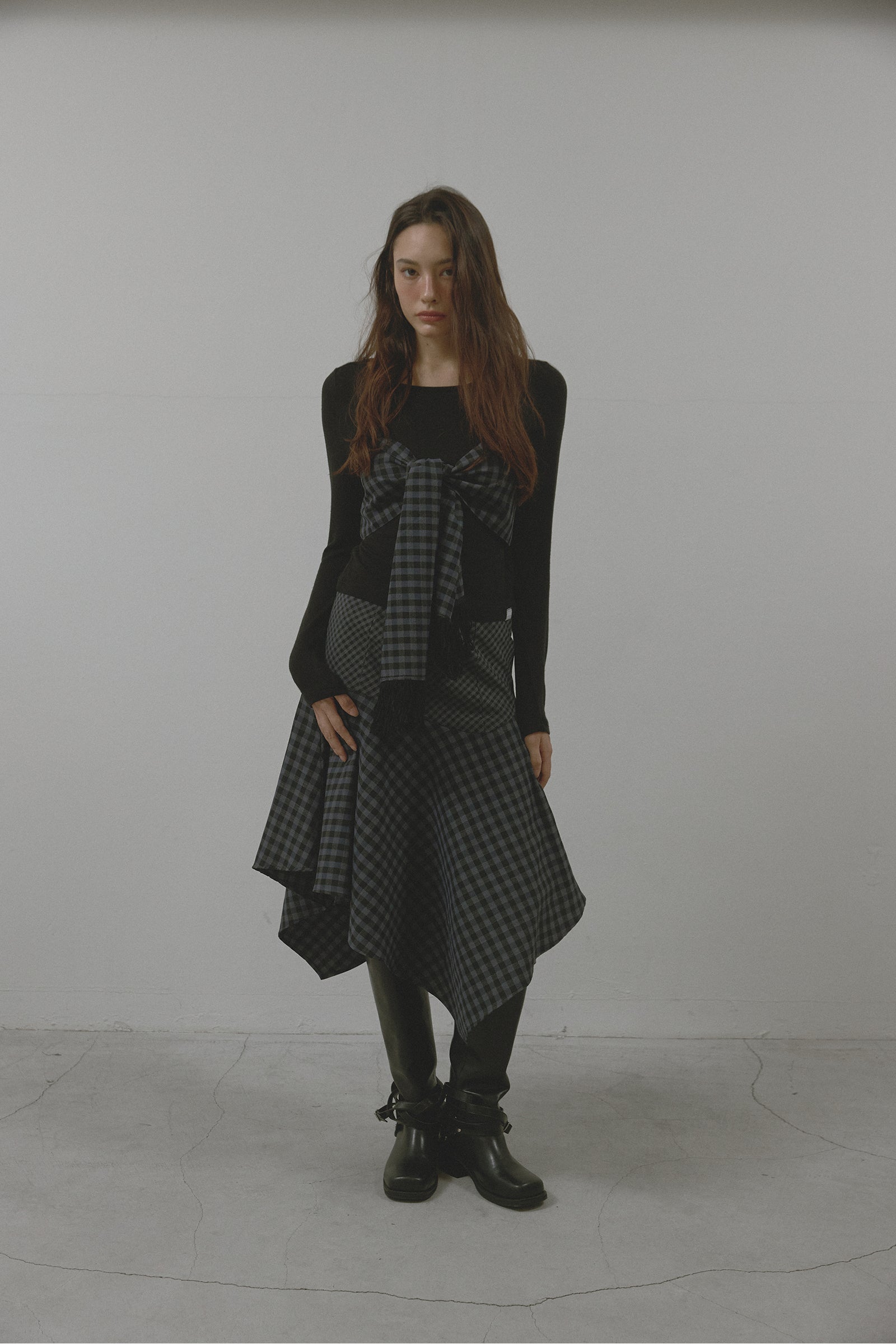 CHECK UNBALANCE HOOL SKIRT_NAVY