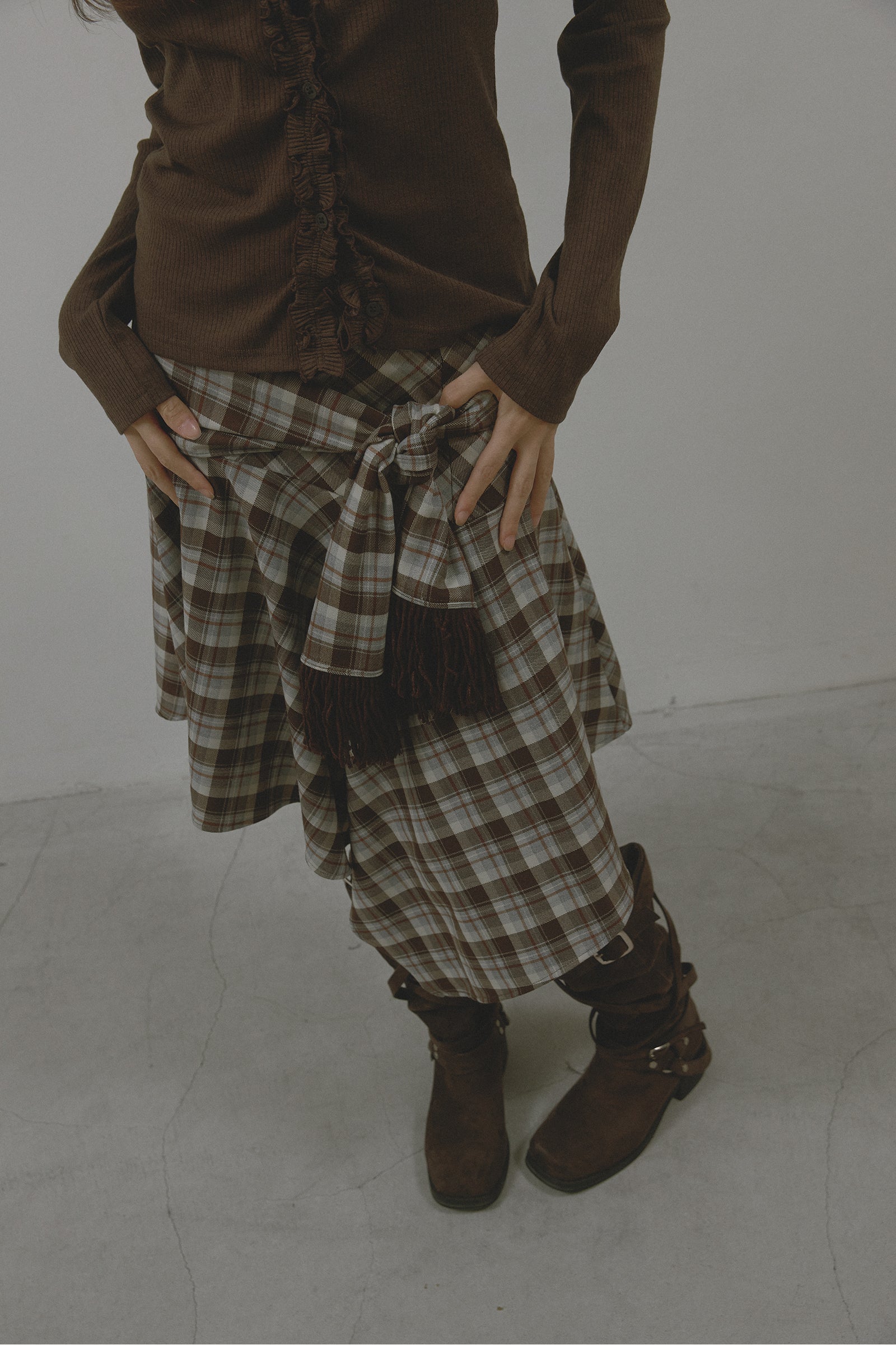 CHECK UNBALANCE HOOL SKIRT_BROWN