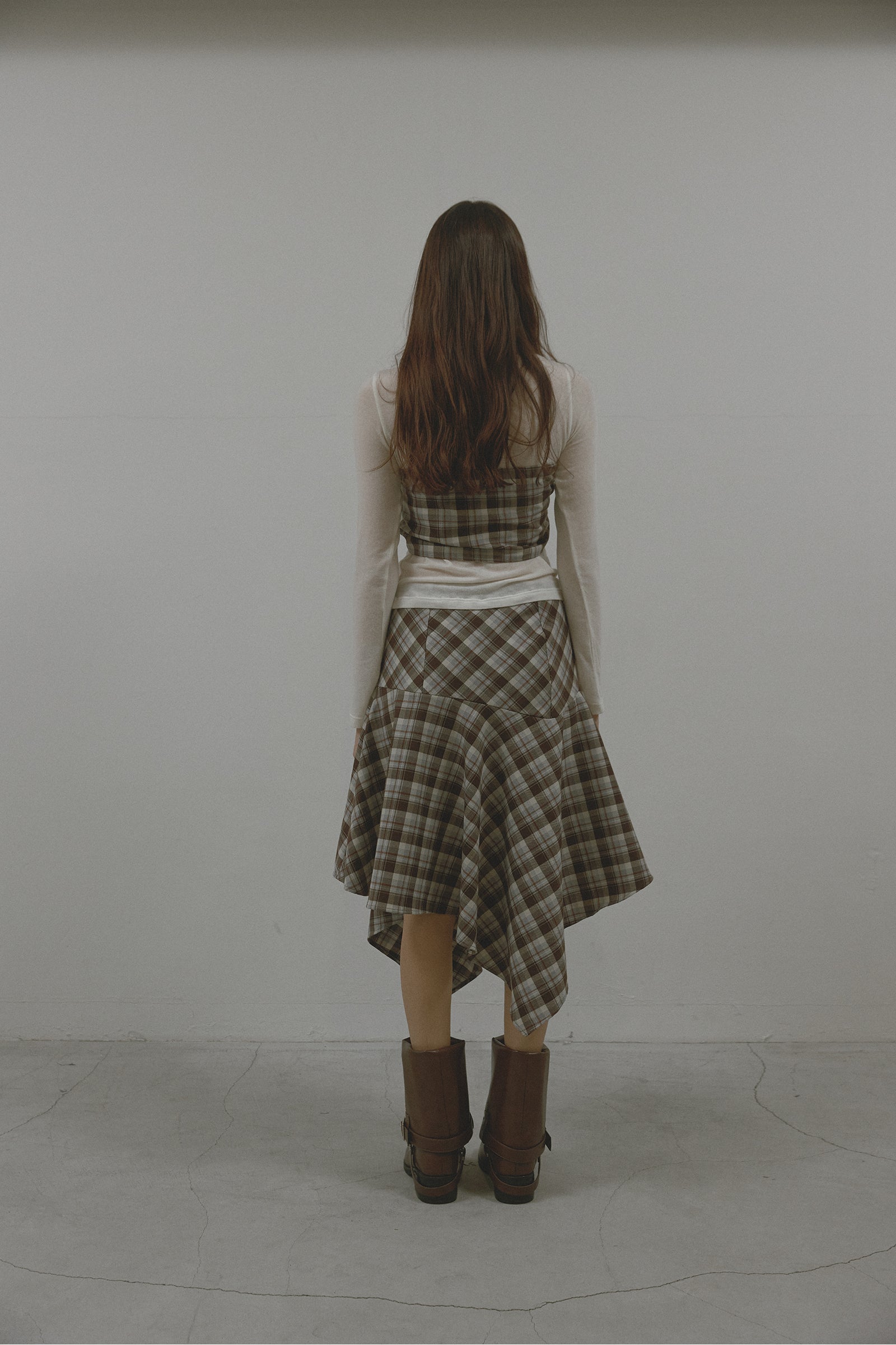 CHECK UNBALANCE HOOL SKIRT_BROWN