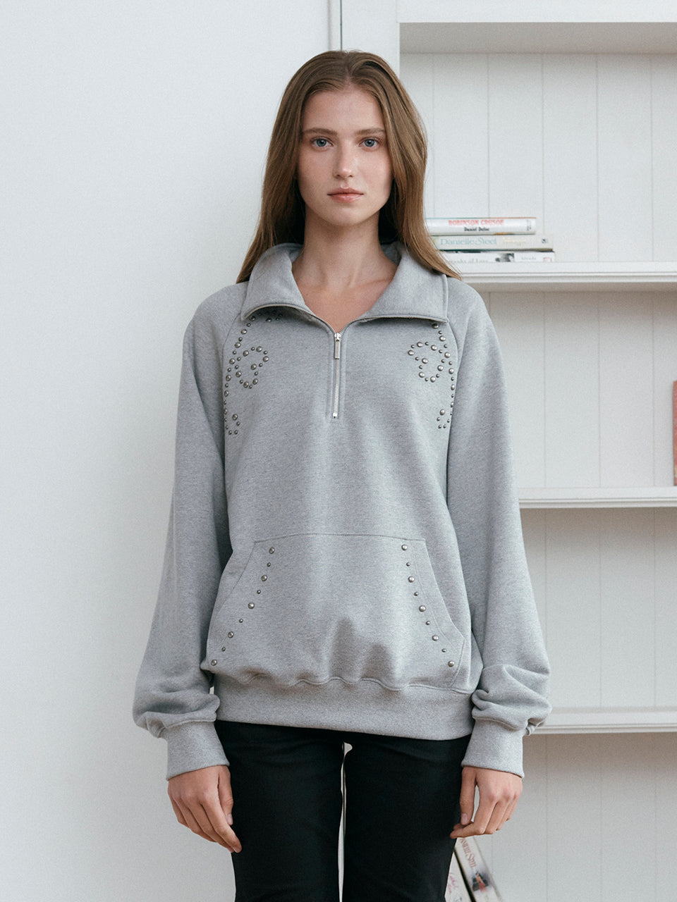 HEART STUD HALF ZIP-UP_MELANGE GRAY