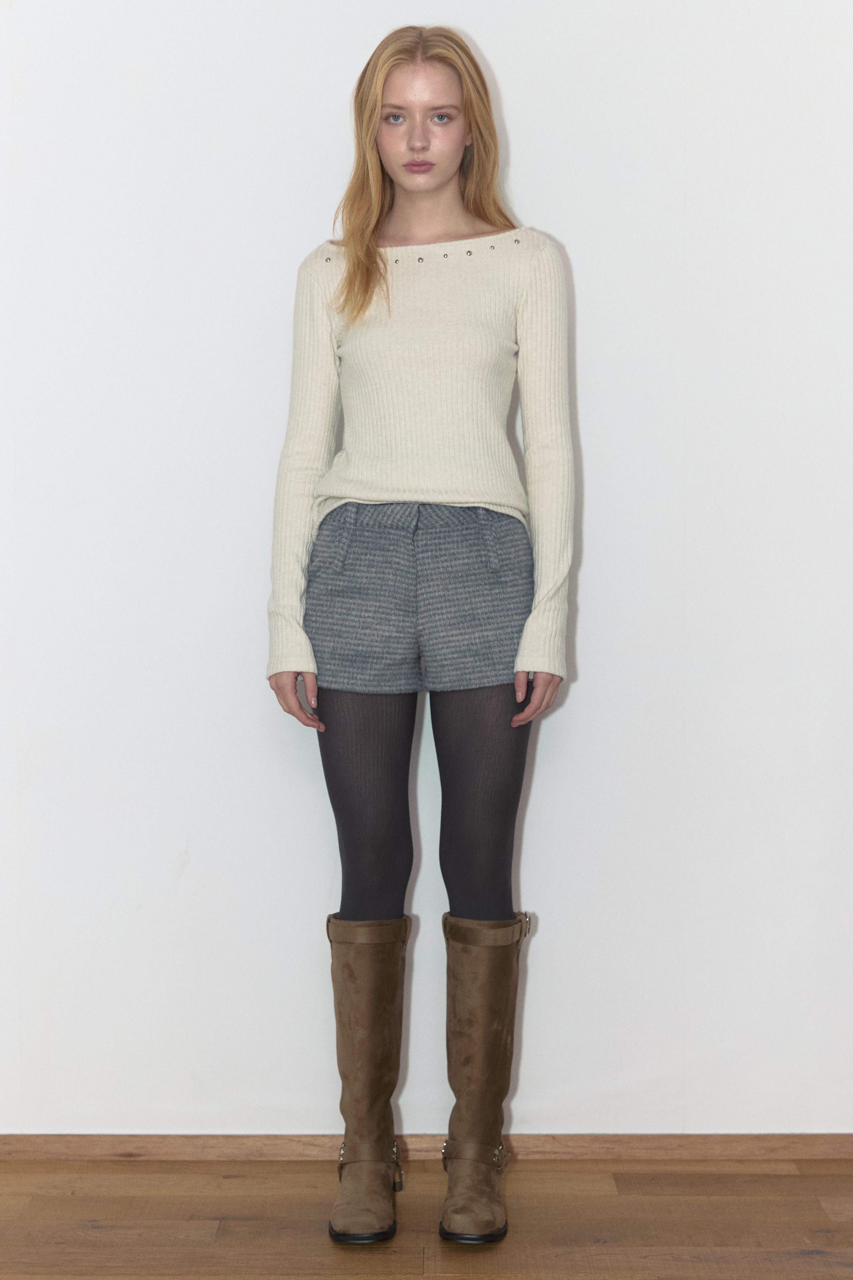 DOUBLE BELT WOOL MICRO PANTS_GREY CHECK