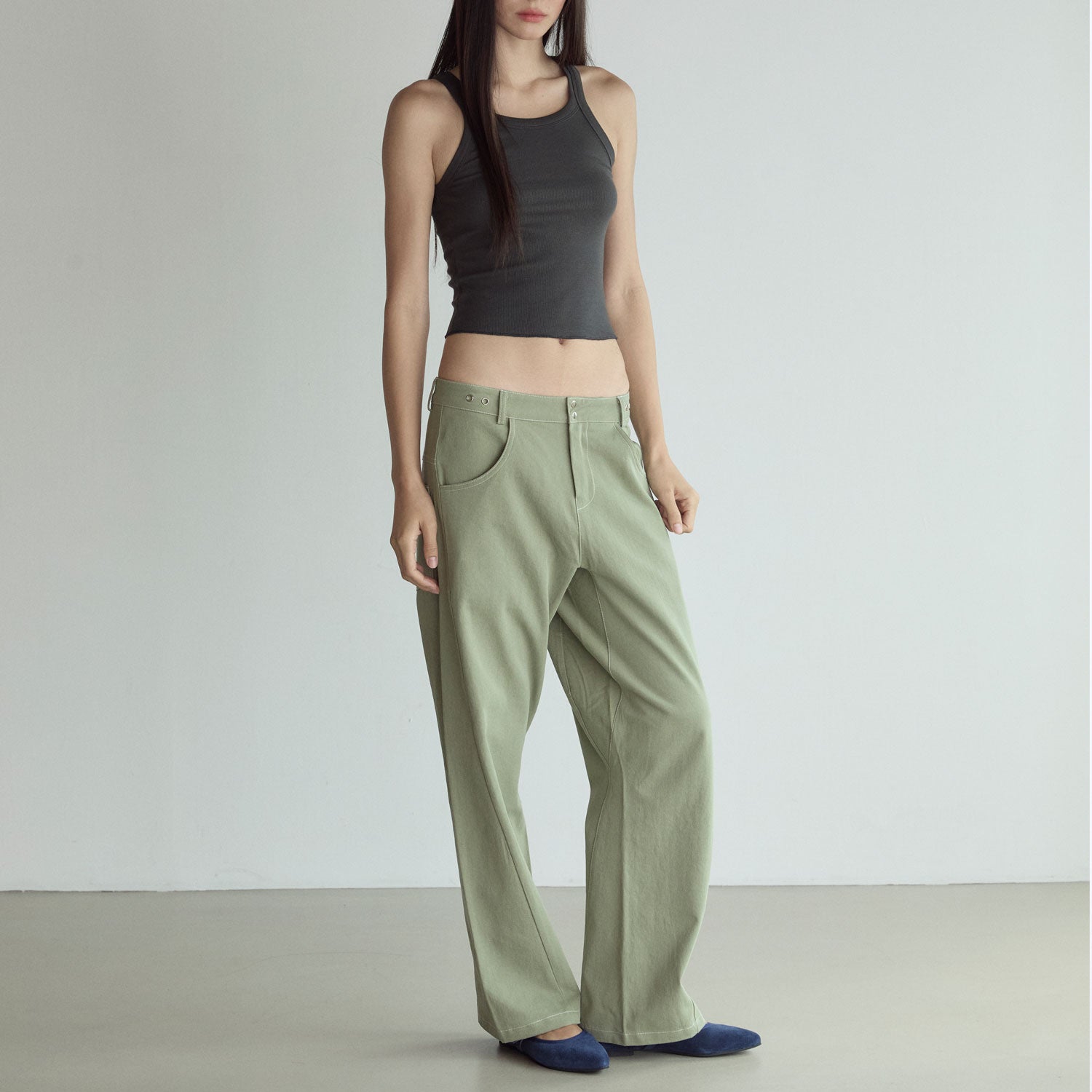STITCH LOWRISE COTTON PANTS_GREEN