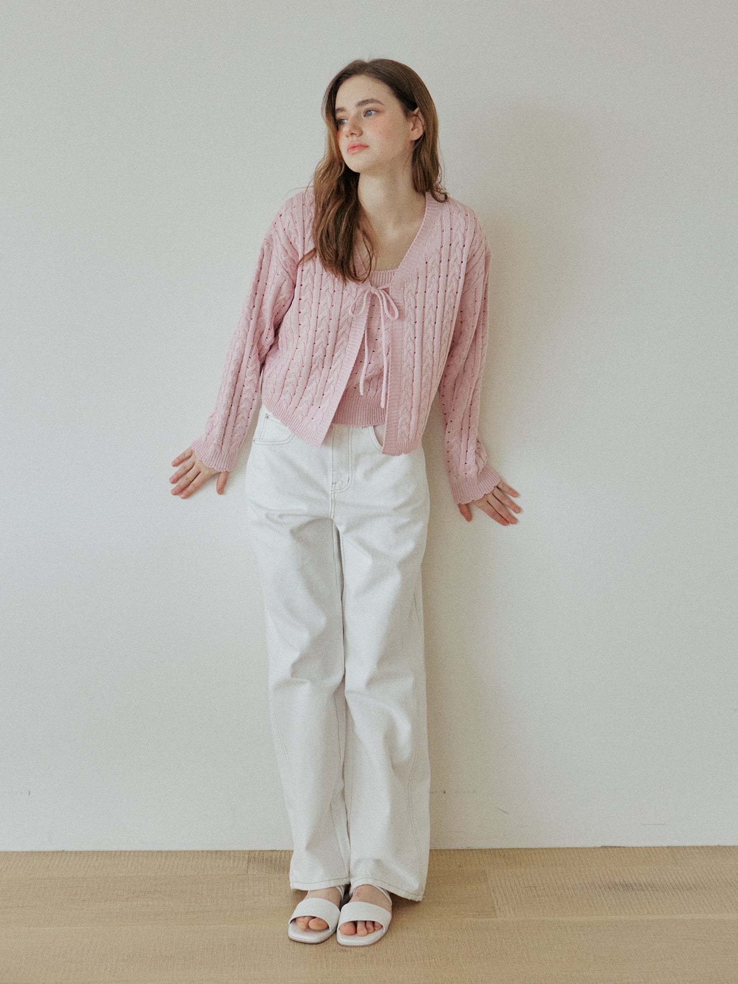 25SS LACE RIBBON CABLE-KNIT CARDIGAN SET_PINK