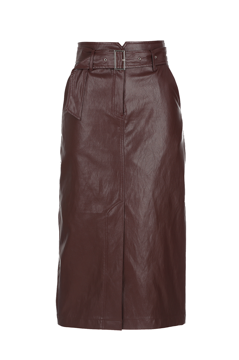JUPE TAILLE HAUTE EN SIMILI CUIR_MARRON ROUGE