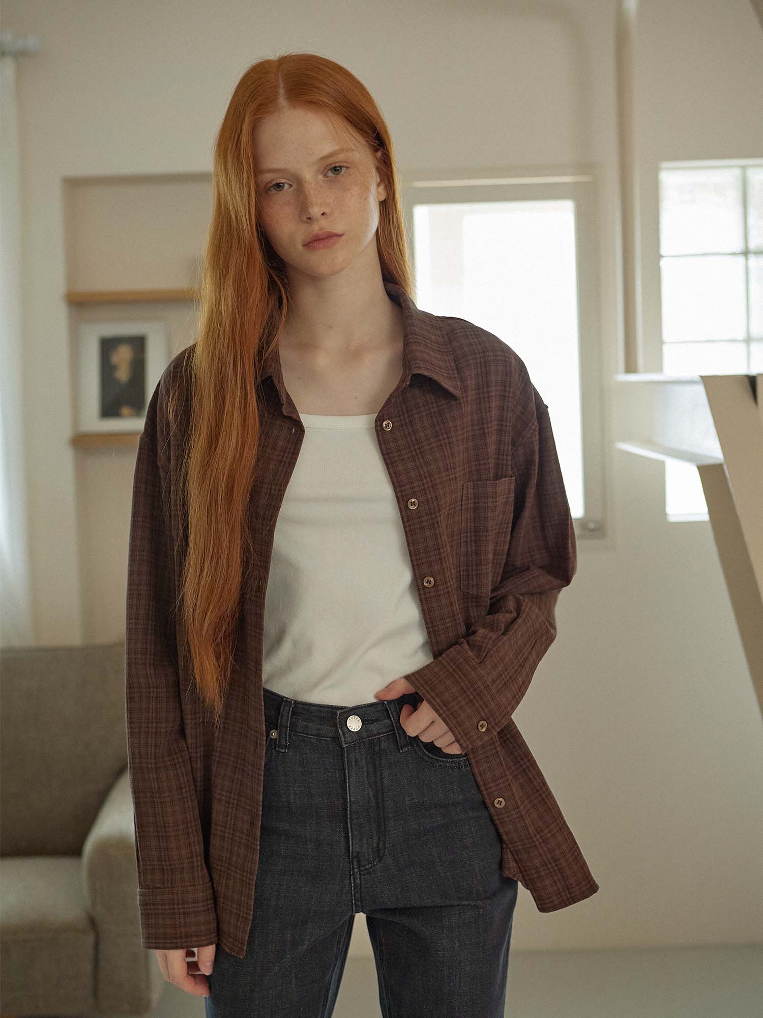 CHEMISE À CARREAUX EN COTON _MARRON