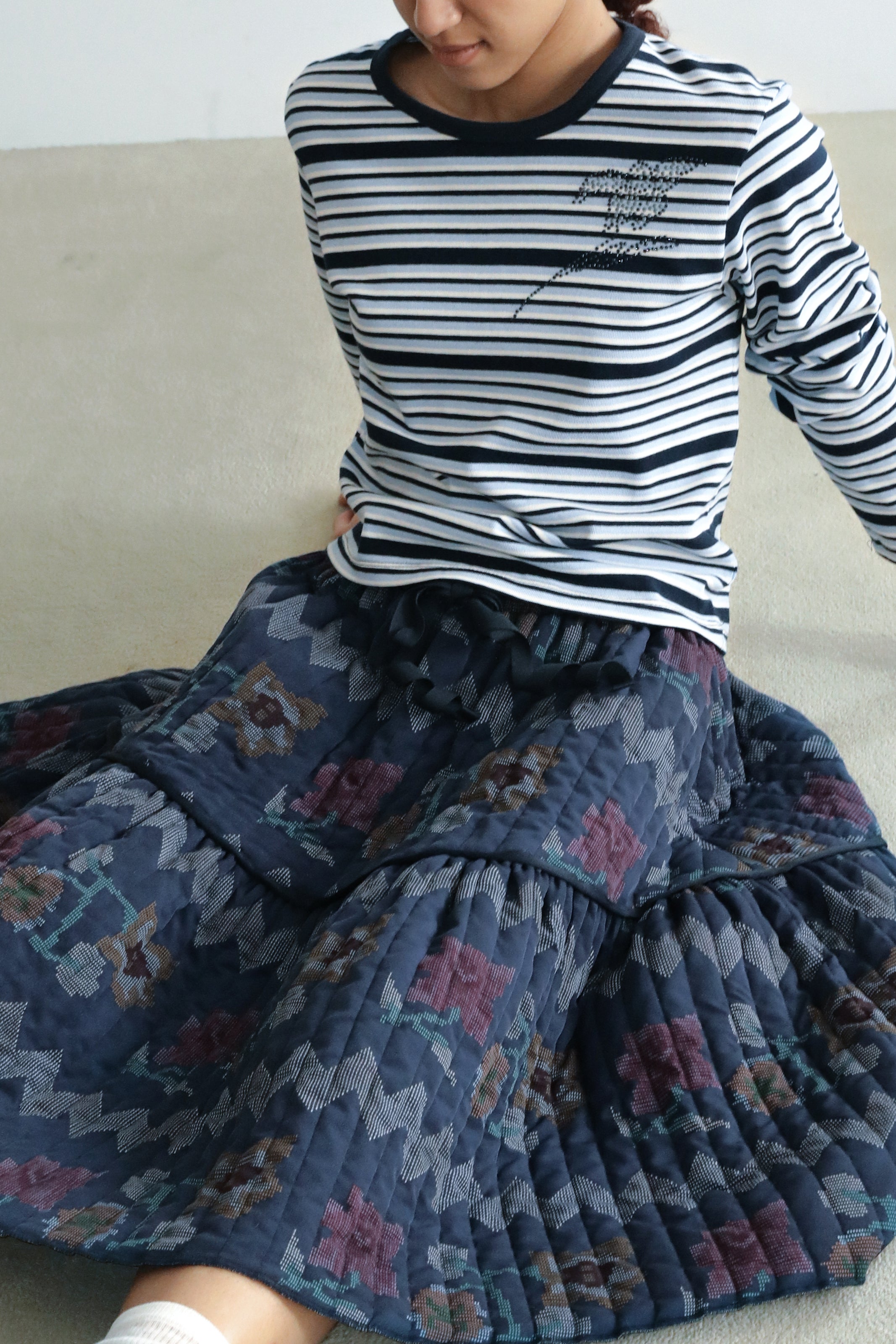 MOTIF STRIPE COTTON TOP_BLUE