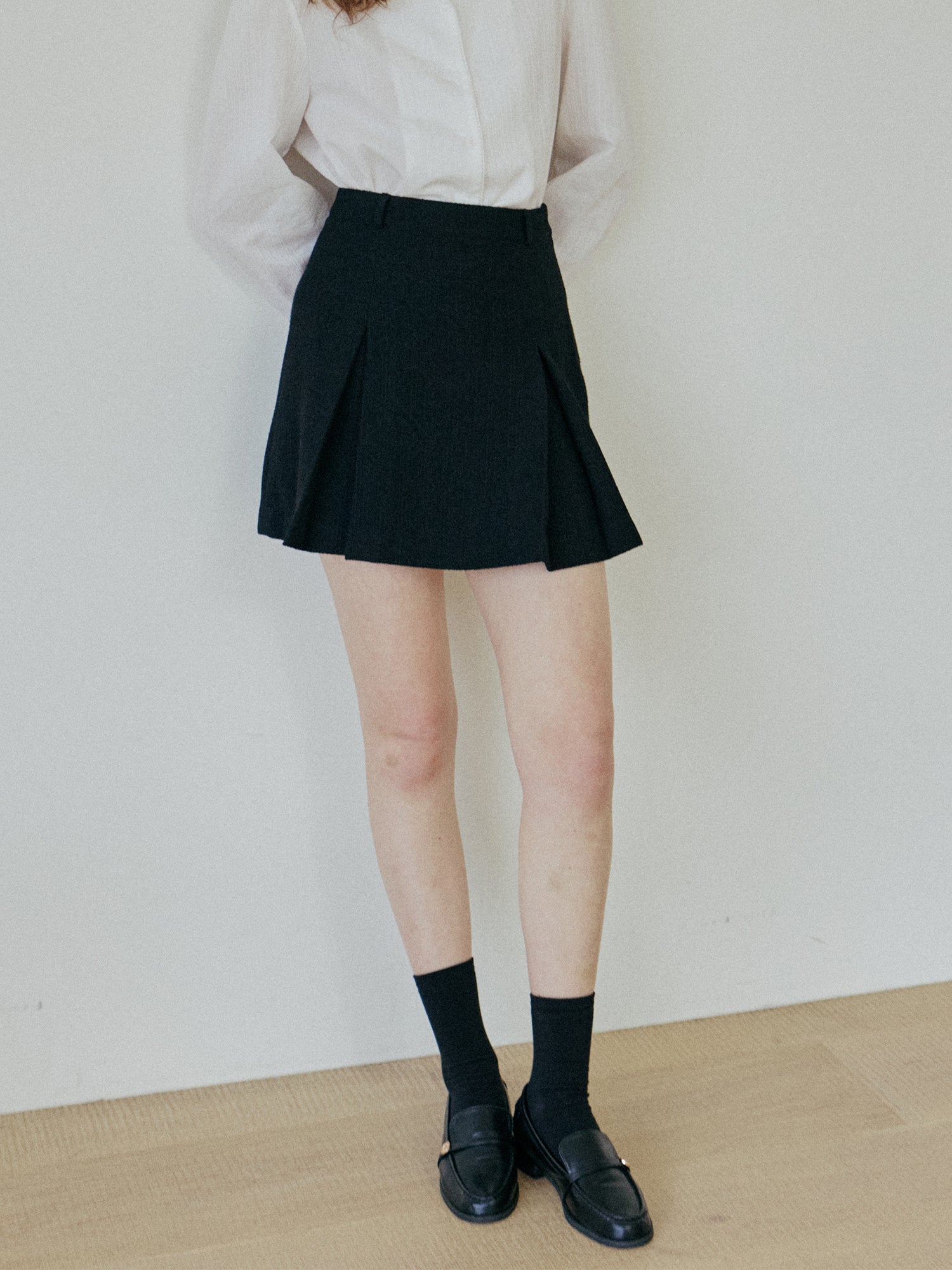 PLEATED TWEED SKIRT_BLACK