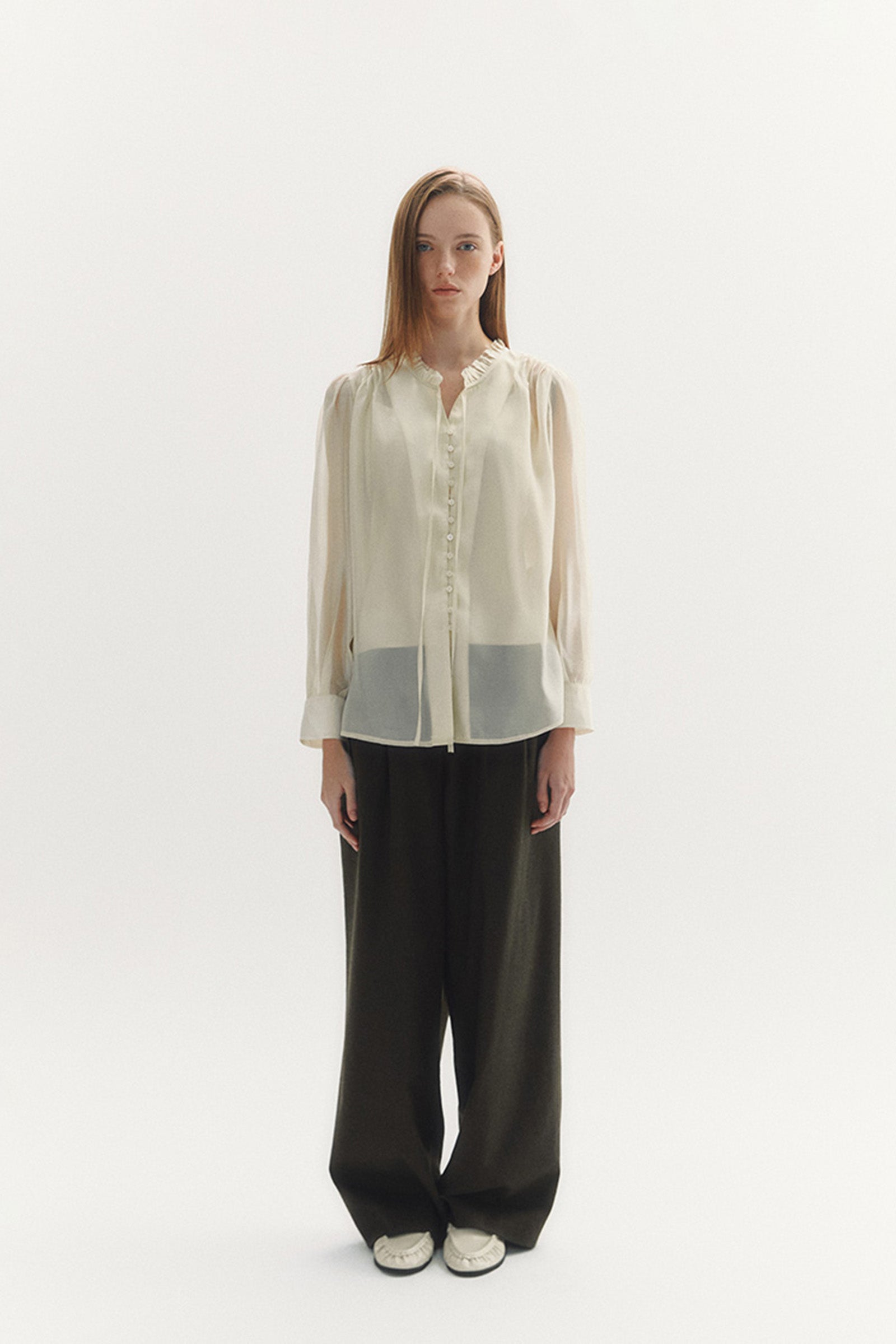 SILKY FRILL BLOUSE_BEIGE