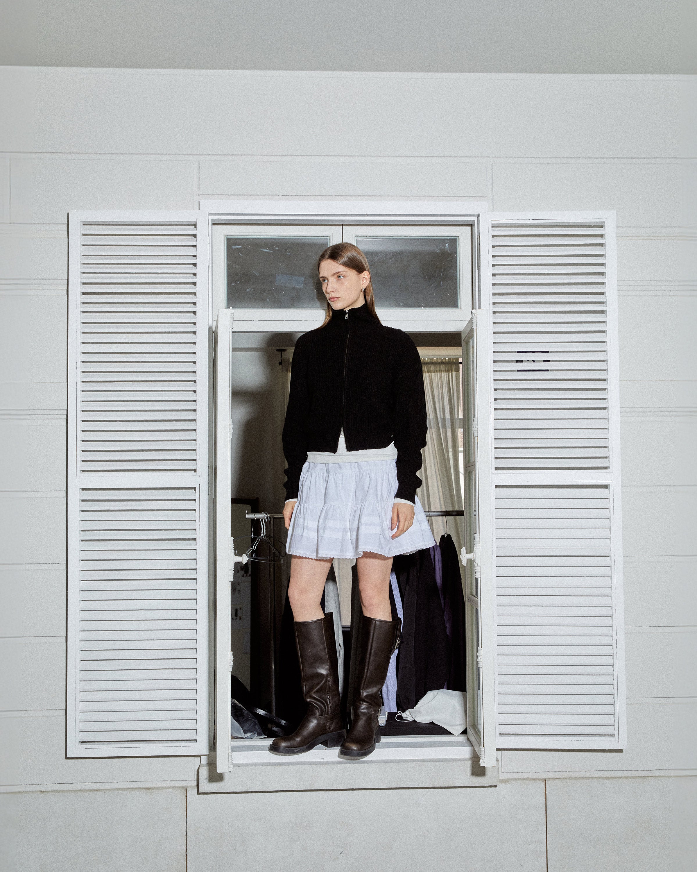 TWO WAY KNIT ZIP-UP CARDIGAN_BLACK