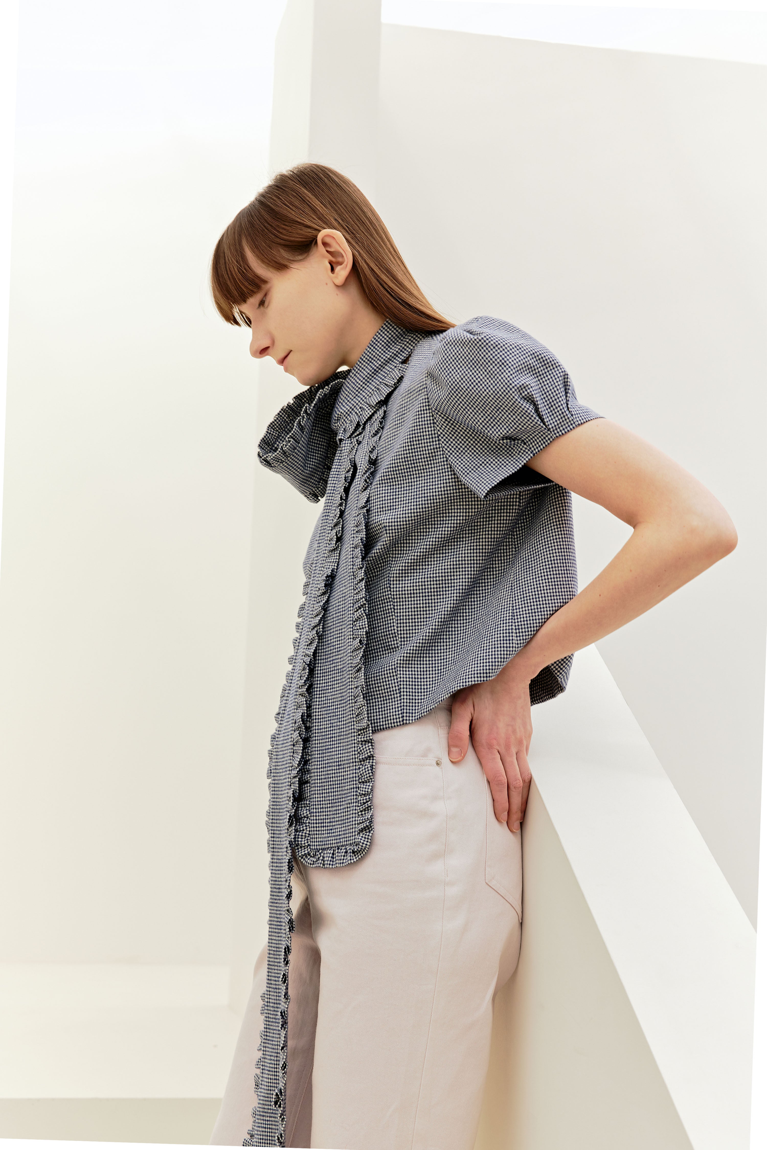 FRILL TIE BLOUSE_GINGHAMCHECK