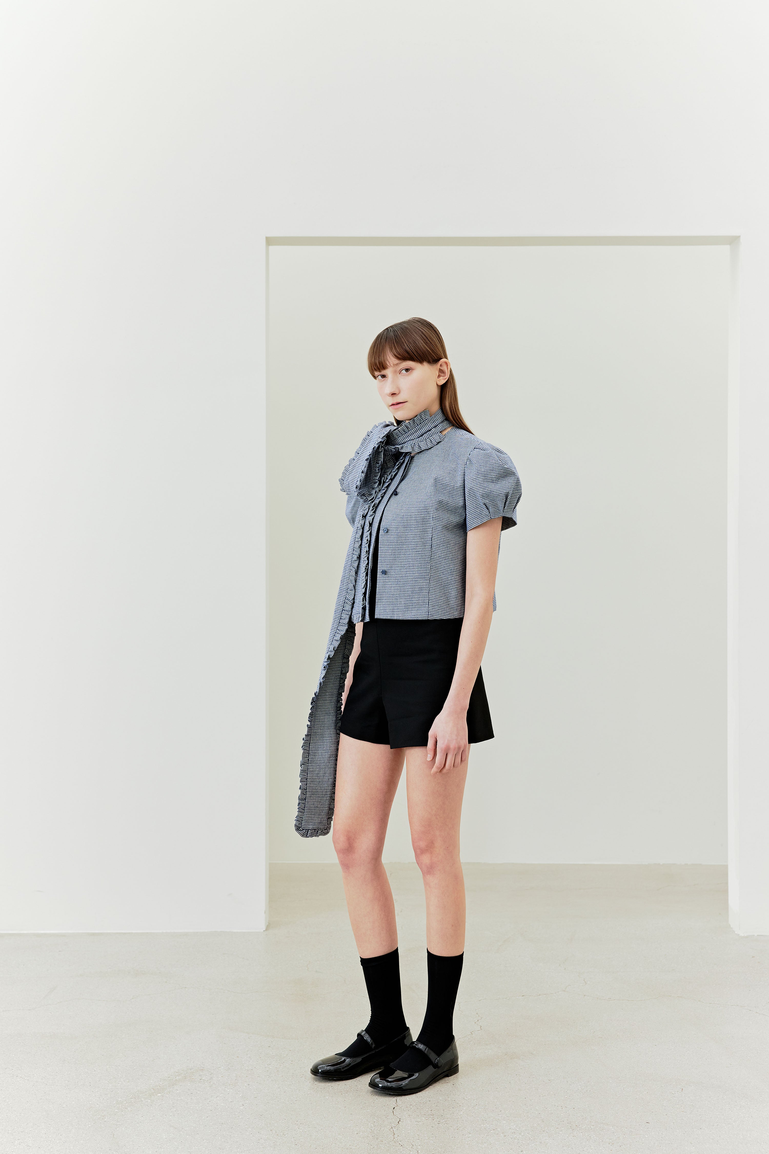 FRILL TIE BLOUSE_GINGHAMCHECK