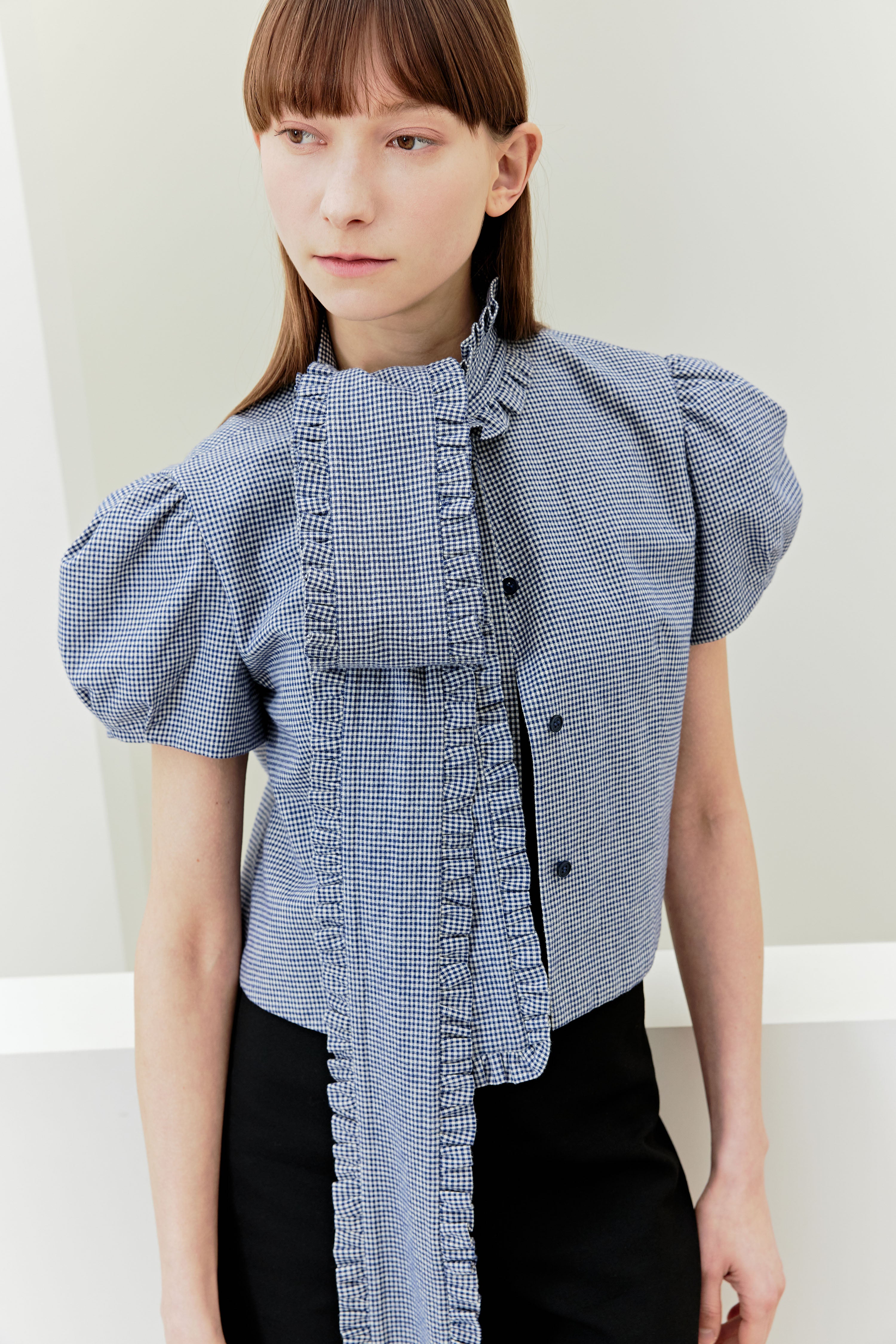 FRILL TIE BLOUSE_GINGHAMCHECK