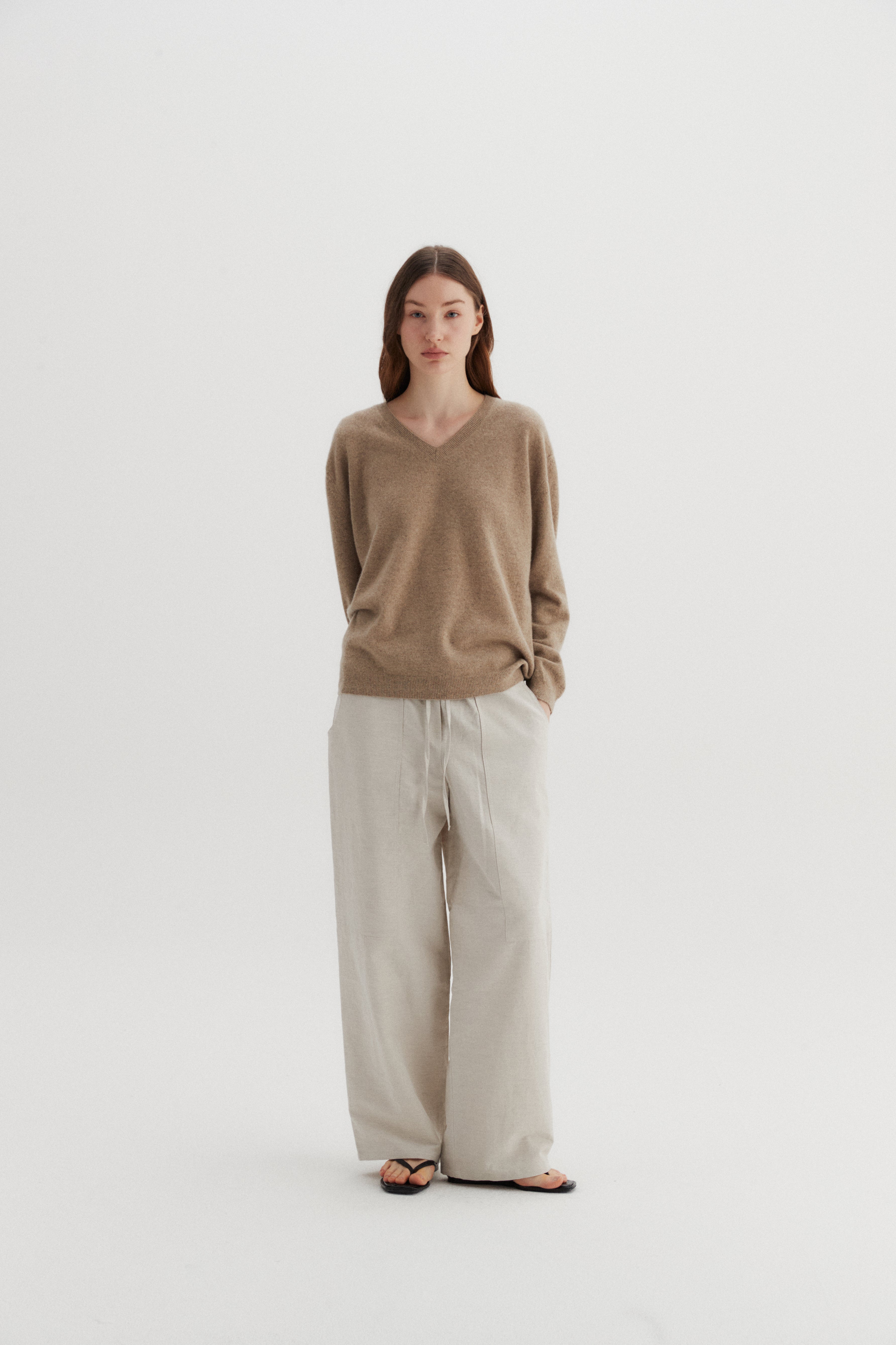 PULL COL V EN LAINE_BEIGE FONCÉ