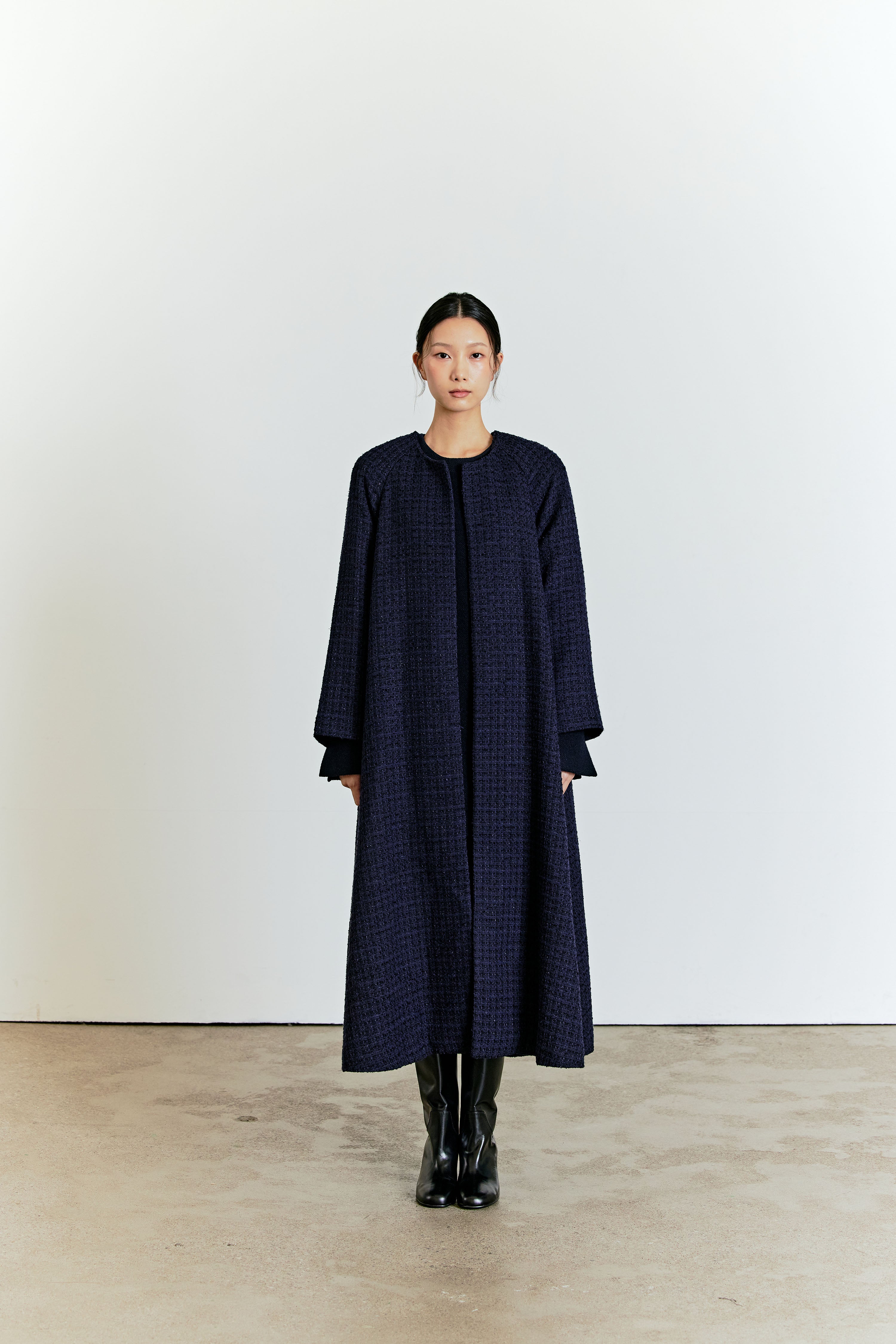 MANTEAU ÉVASÉ EN TWEED_BLEU MARINE