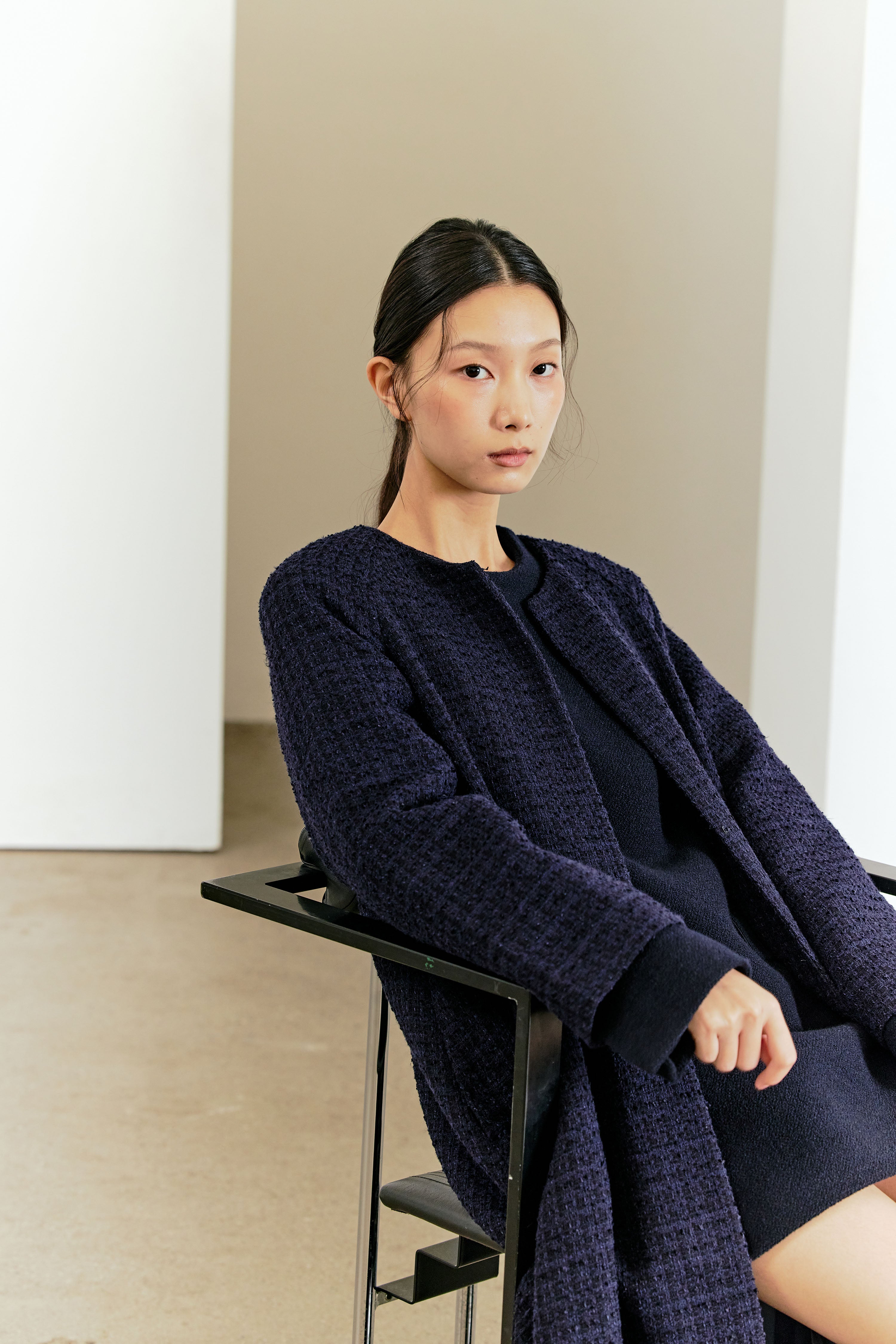 MANTEAU ÉVASÉ EN TWEED_BLEU MARINE