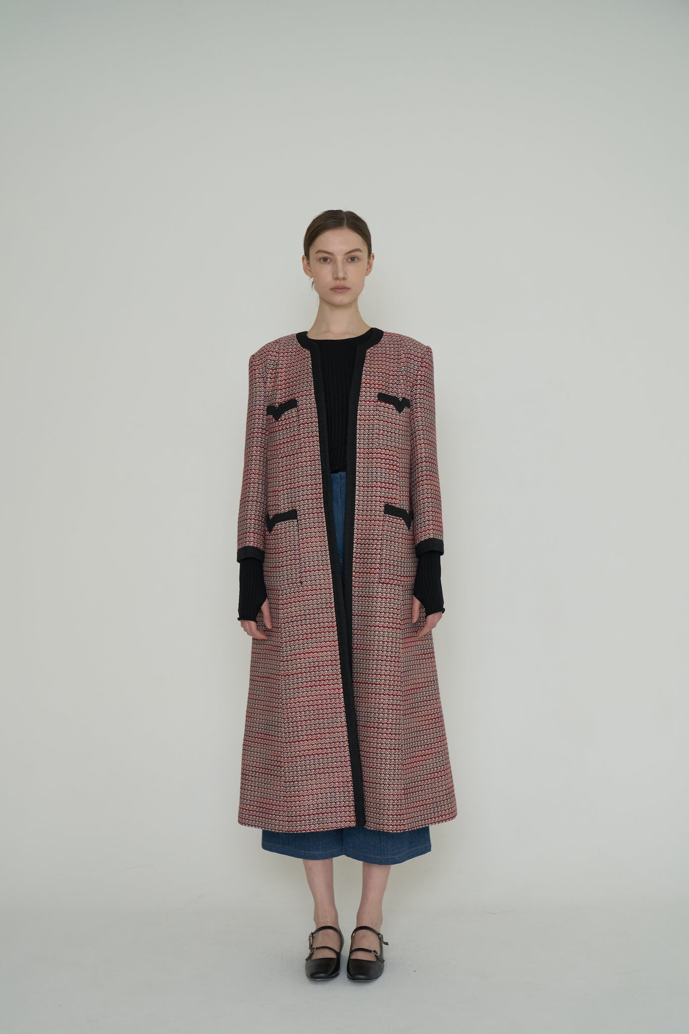 MANTEAU COL V EN TWEED_ROUGE