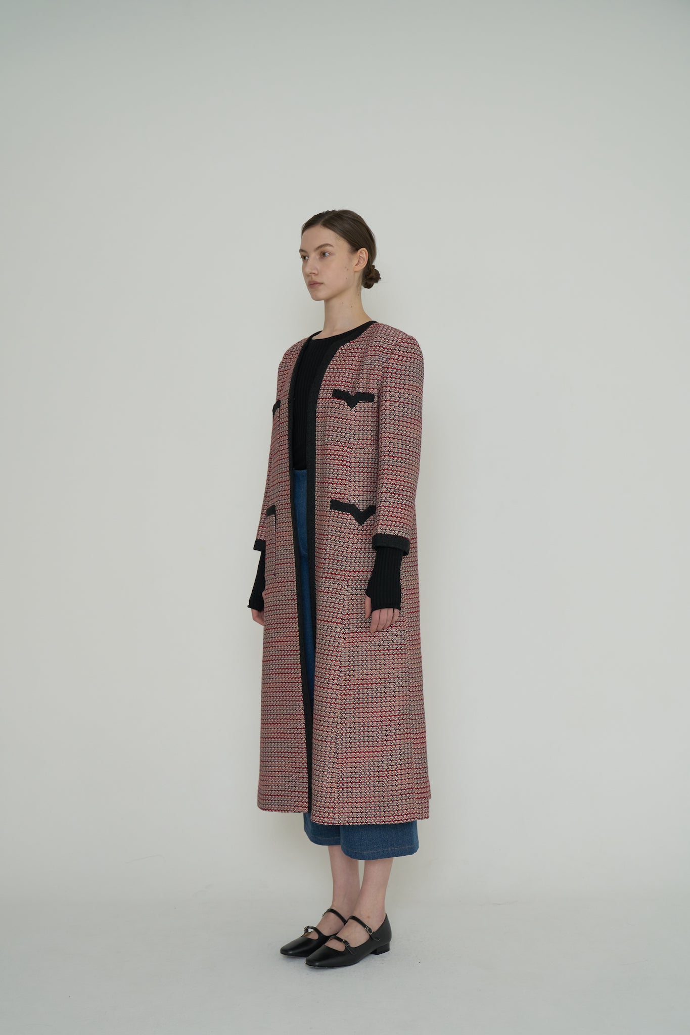 MANTEAU COL V EN TWEED_ROUGE