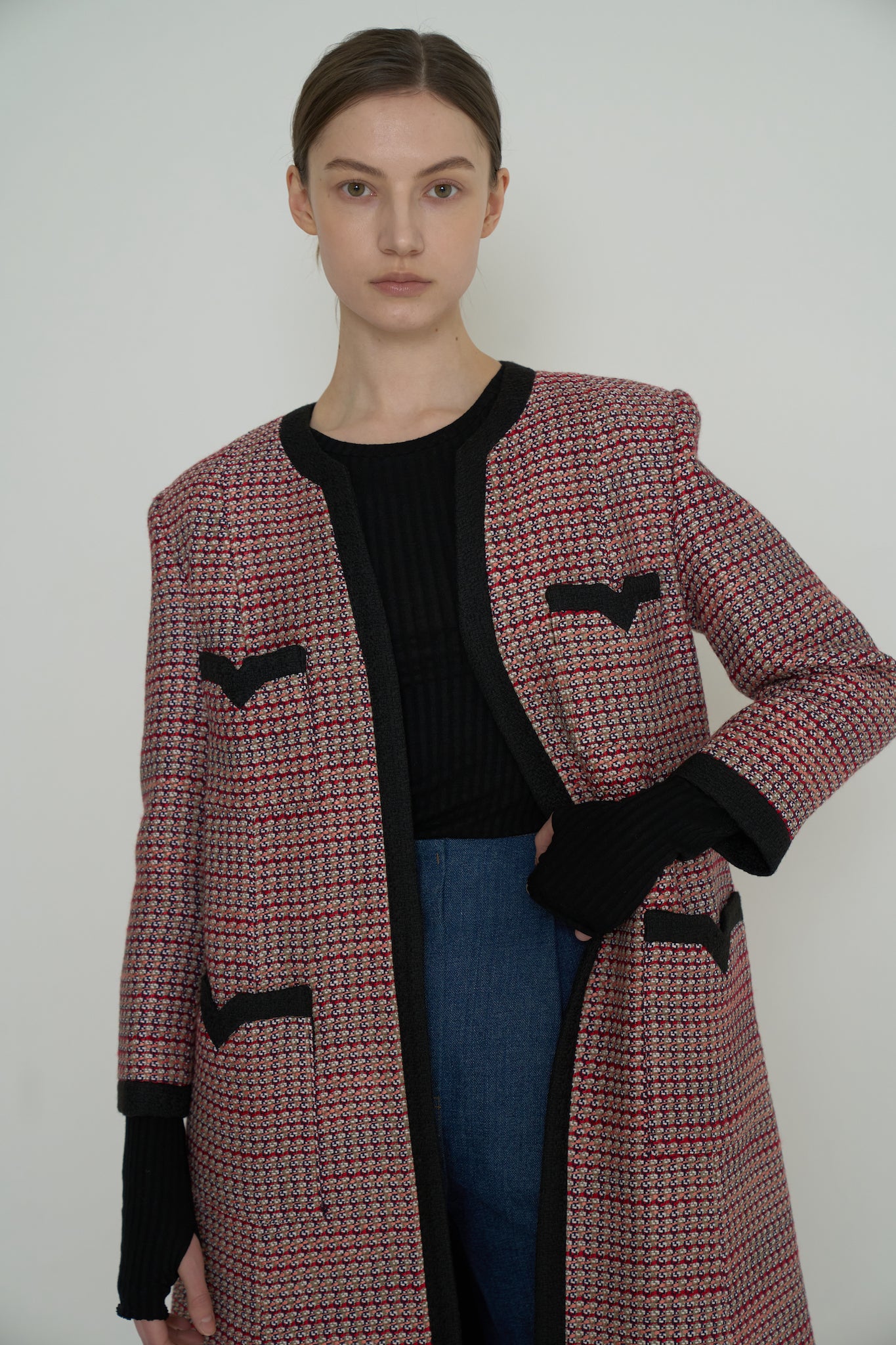MANTEAU COL V EN TWEED_ROUGE