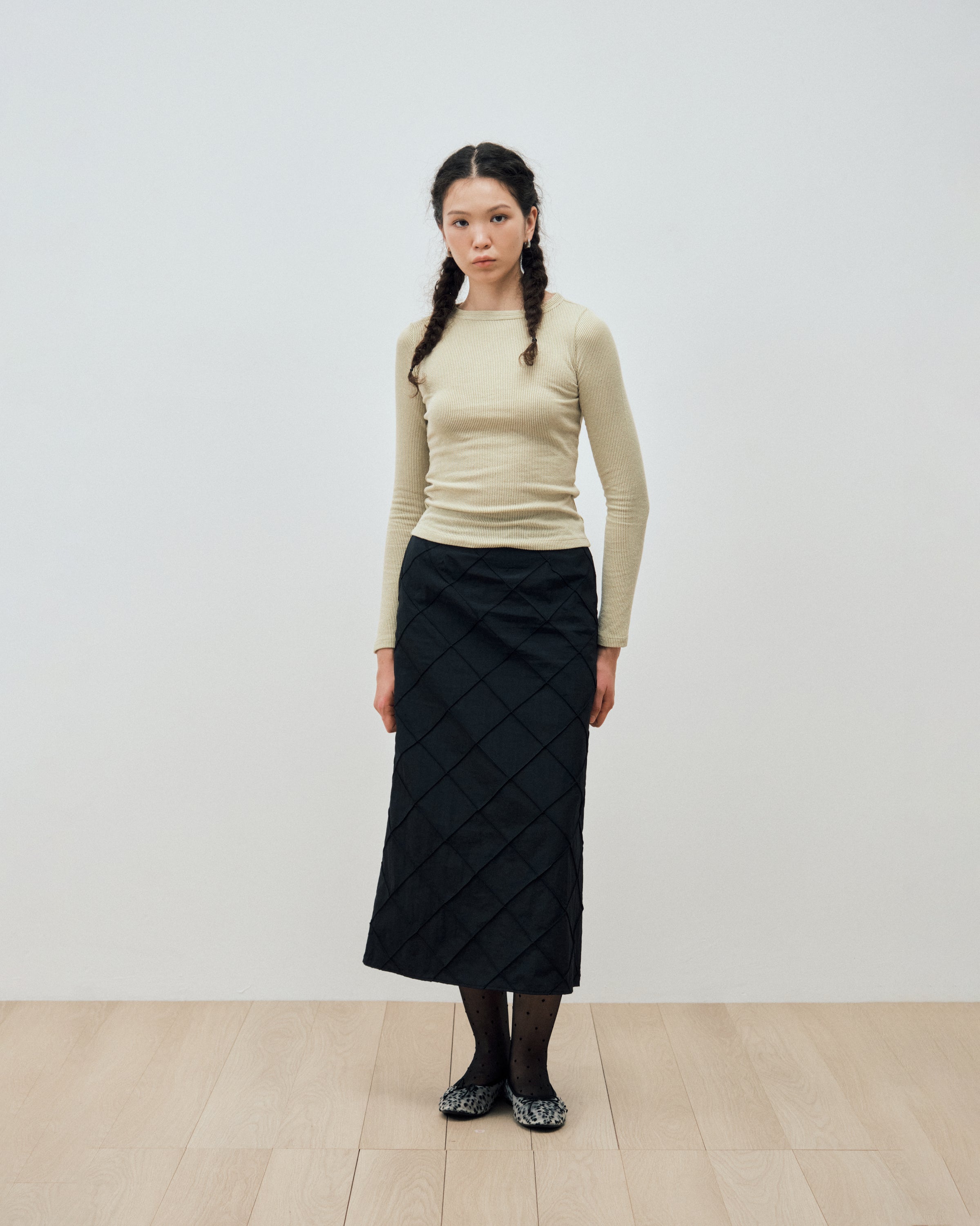 JUPE MAXI EN NYLON À MOTIF LOSANGES_NOIR