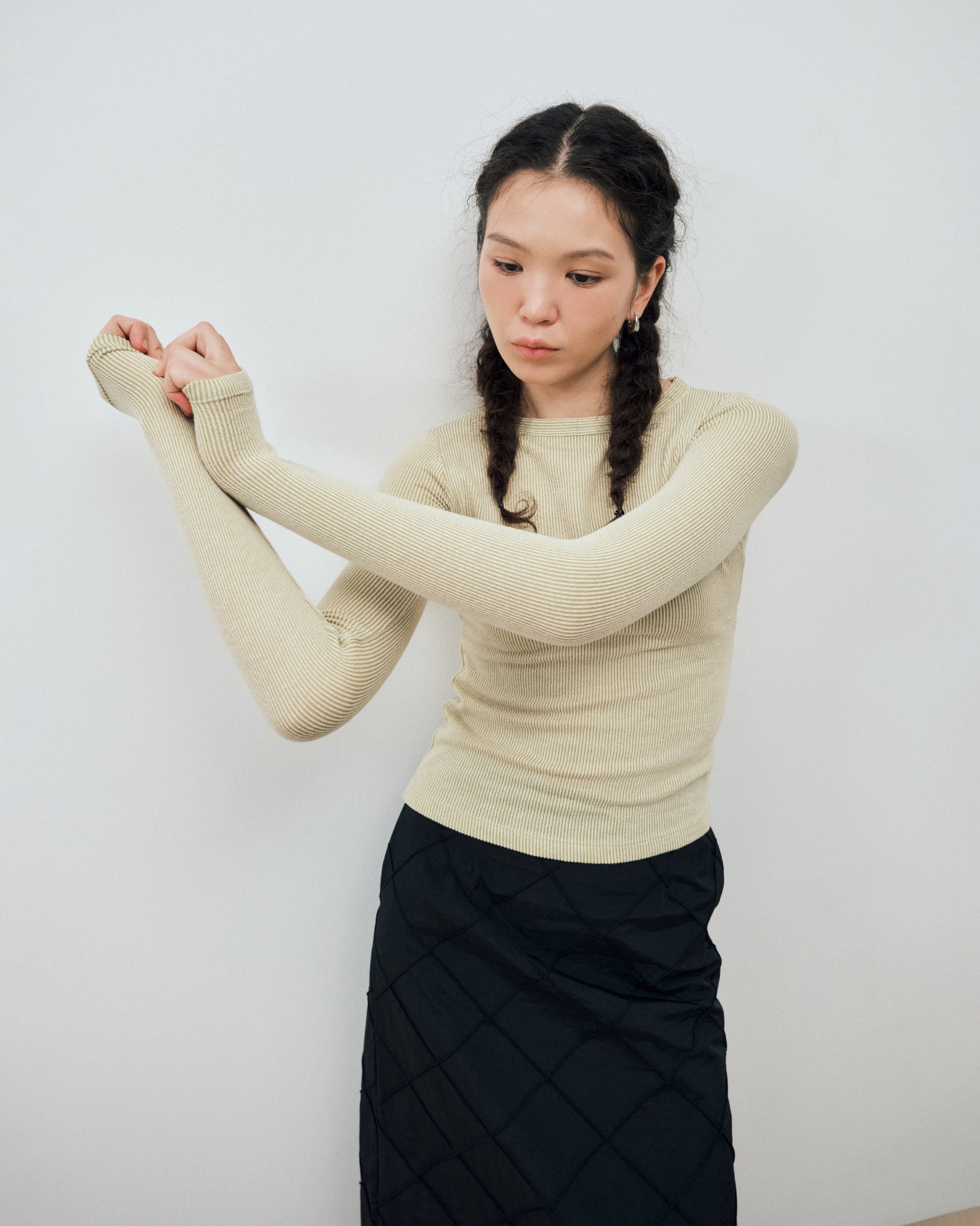 TWO-TONE RIBBED LONG SLEEVES TEE_MELON