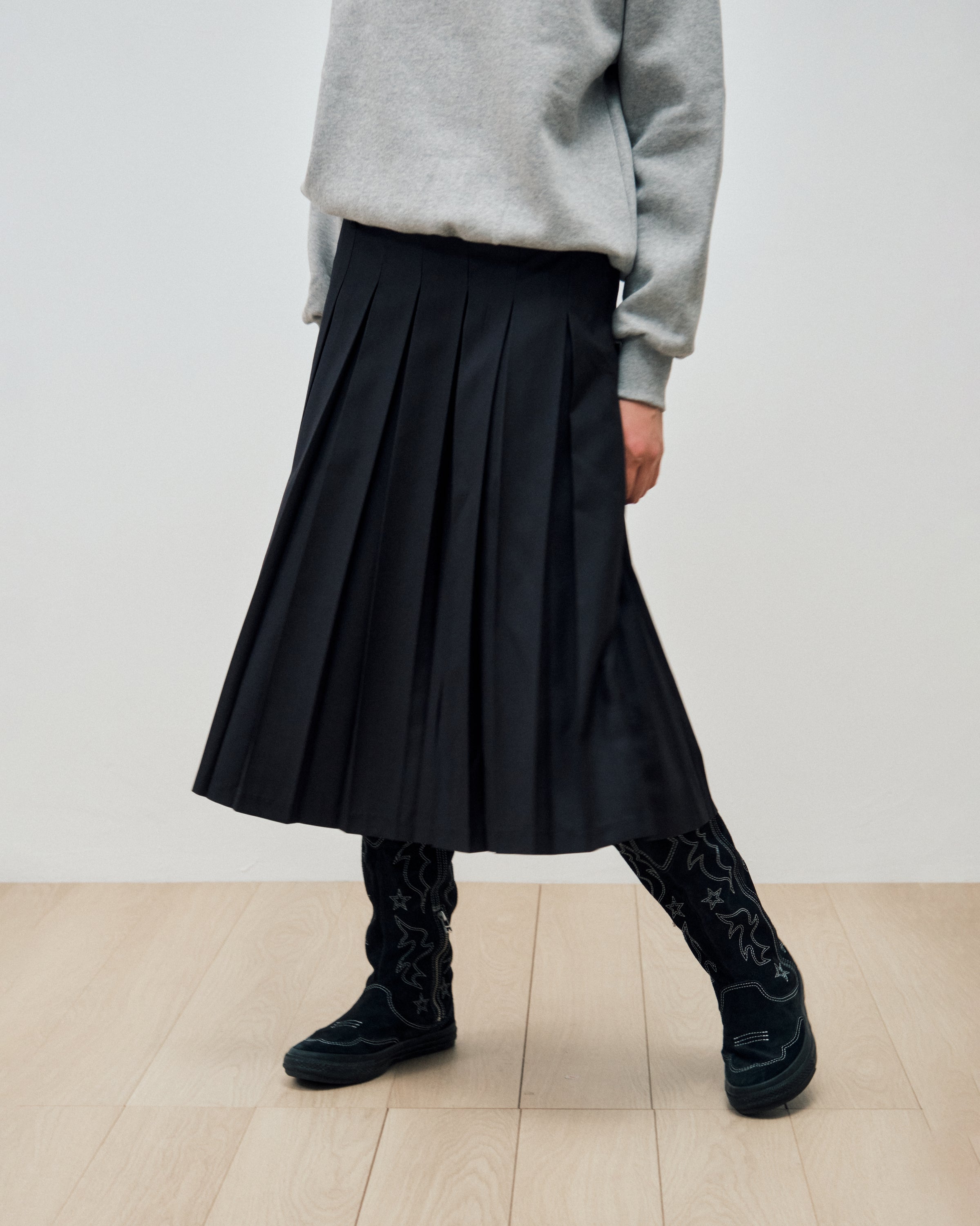 ROUND YORK WOOL PLEATED SKIRT_DARK NAVY