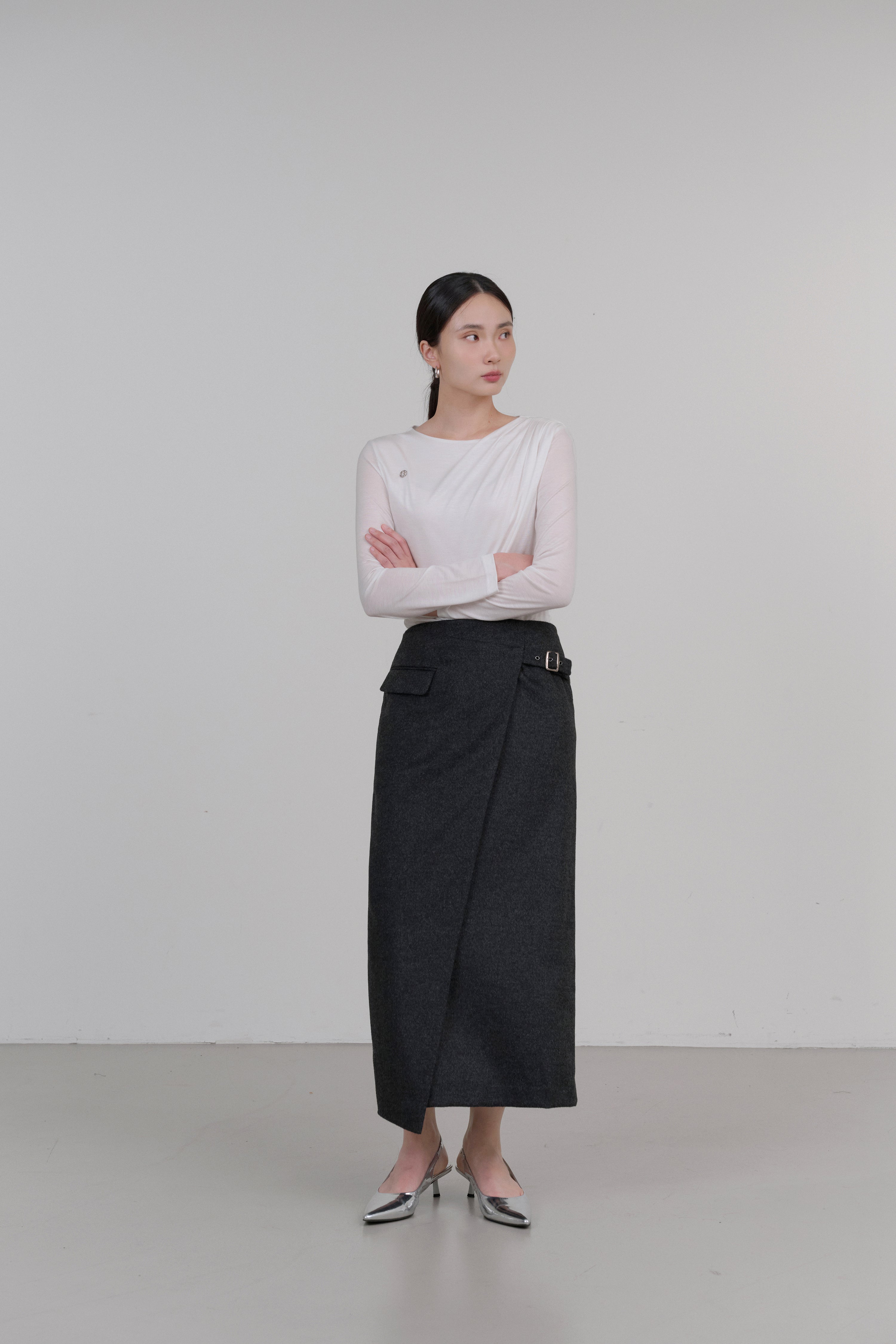 UNBAL BELT WOOL SKIRT_CHARCOAL