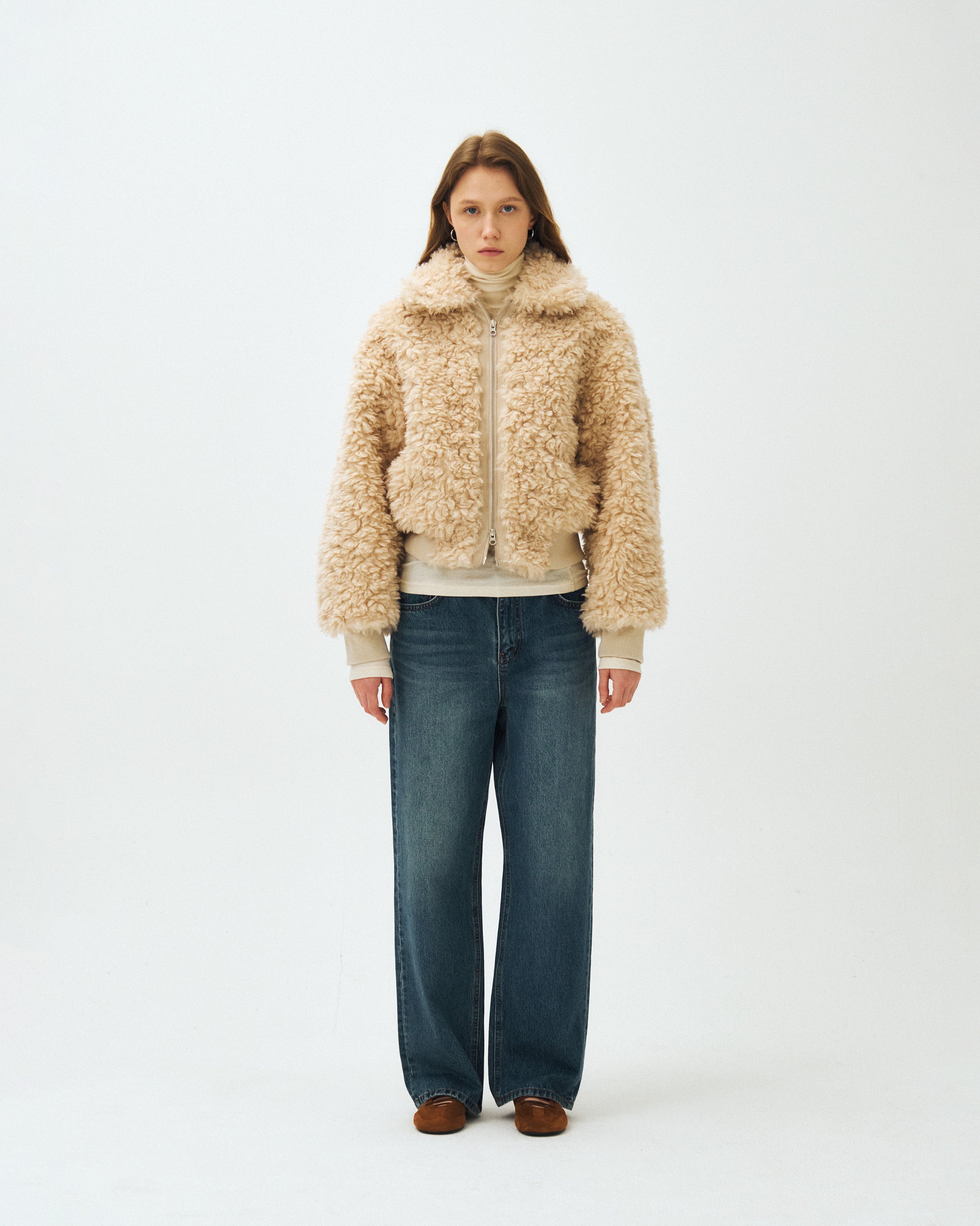 CROPPED ZIP-UP FUR JACKET_BEIGE