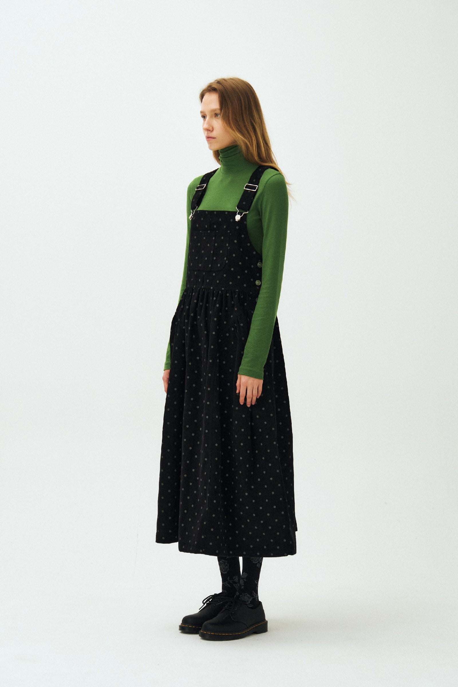 DOT PUFF CORDUROY OVERALL DRESS_BLACK